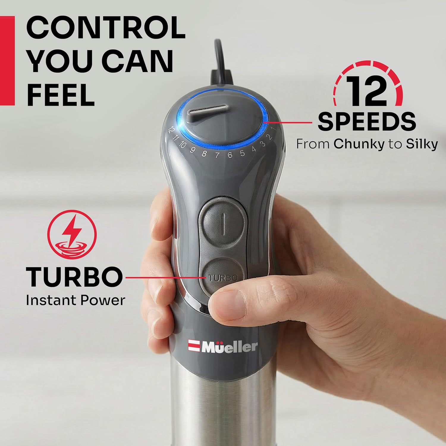 Mueller Multistick 5-in-1 Immersion Blender Handheld,12 Speed Hand Mixer-Turbo Boost,Heaviest Duty Copper Motor,Titanium reinforced Blades Hand Blender,Milk Frother Wand,Whisk,Beaker,Chopper,Grey