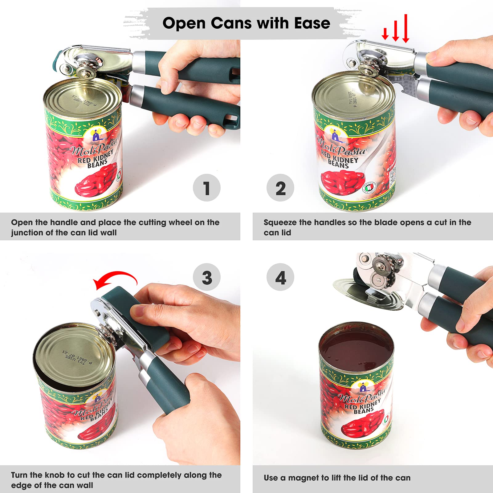 Beneno Heavy Duty Hand Can Opener Manual with Magnet, Durable Sharp Carbon Steel Blade Smooth Cutting, Big Effort-Saving Knob & Soft Grip Handle, Multifunctional Kitchen Tool with Bottle Opener, Green