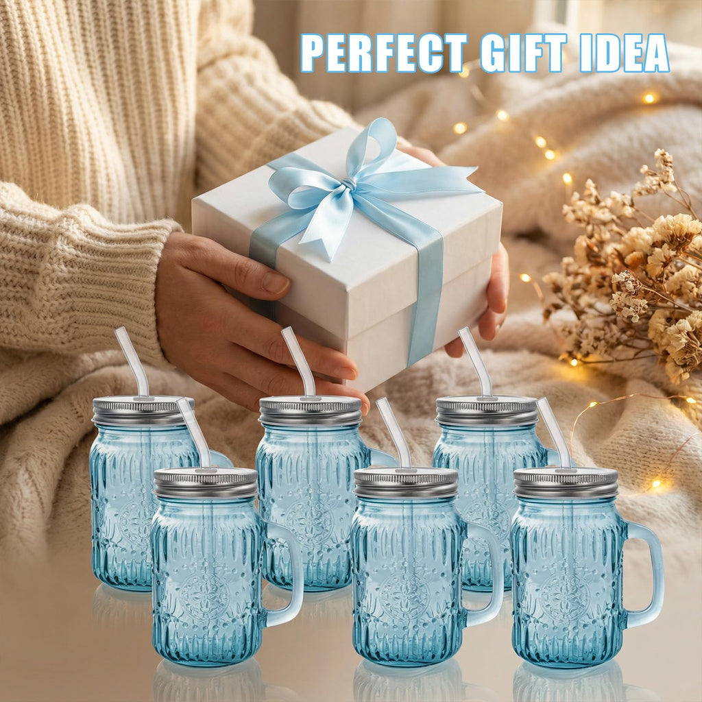 DaYammi Mason Jars with Lids and Straws, 6 Pack 16 Oz Glass Cups for Cold Beverages, Juice, Smoothies, Iced Coffee, Cocktails Leak-Proof Drinking Glasses with Sealed & Straw Lids, Colorful
