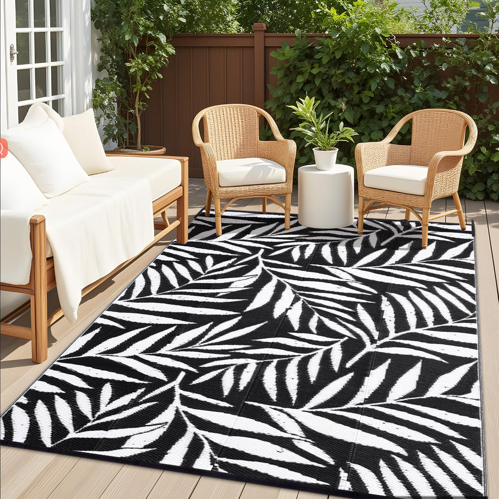 OLANLY Waterproof Outdoor Rug 5x8 ft, Reversible Outdoor Plastic Straw Rug with Leaf Pattern, RV Mat, Indoor Outdoor Carpet for Patio, Camping, Balcony, Deck, Backyard, Grey & White