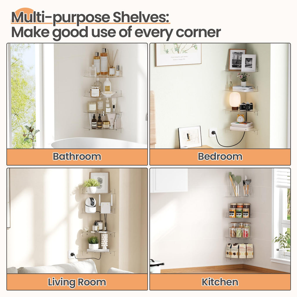 upsimples 4 Pack Acrylic Corner Floating Shelves, 10 in Clear Hanging Shelves with Cable Management Design, Wall Mounted Corner Storage Organizer for Bathroom, Bedroom, Living Room, Kitchen