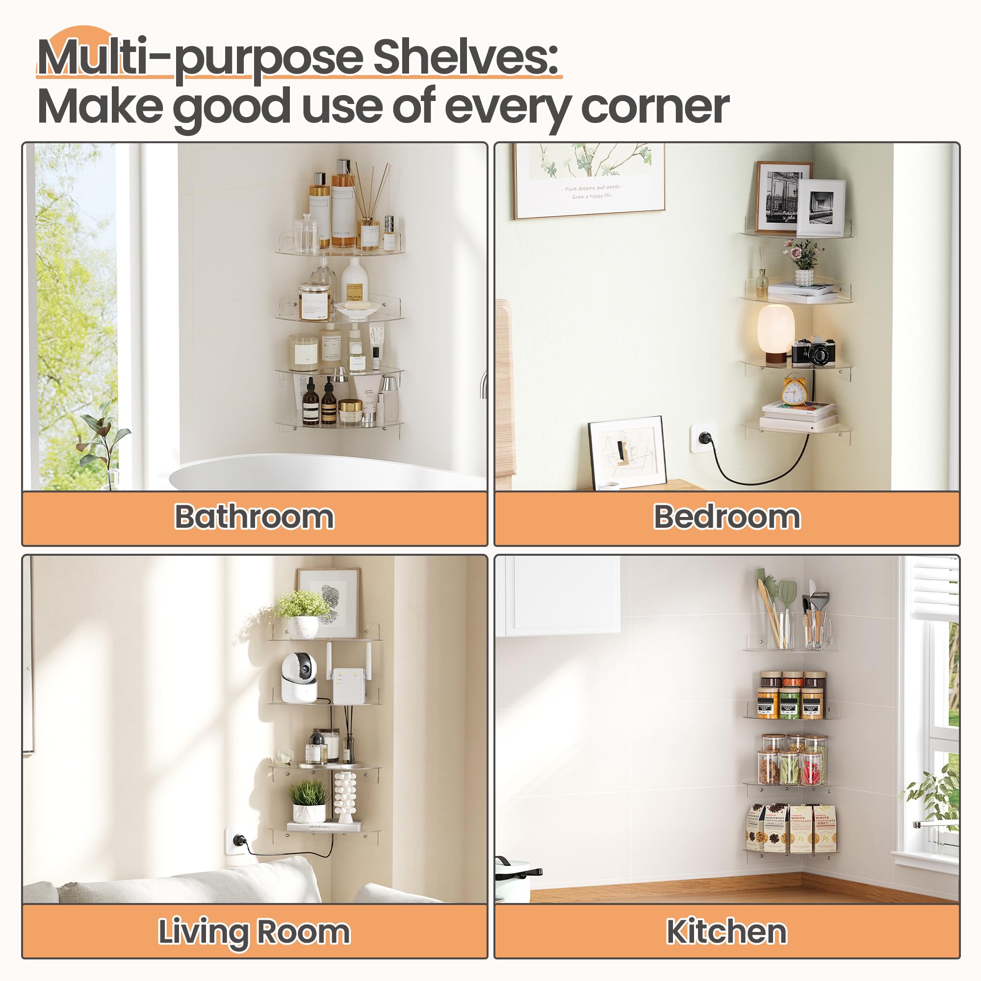 upsimples 4 Pack Acrylic Corner Floating Shelves, 10 in Clear Hanging Shelves with Cable Management Design, Wall Mounted Corner Storage Organizer for Bathroom, Bedroom, Living Room, Kitchen