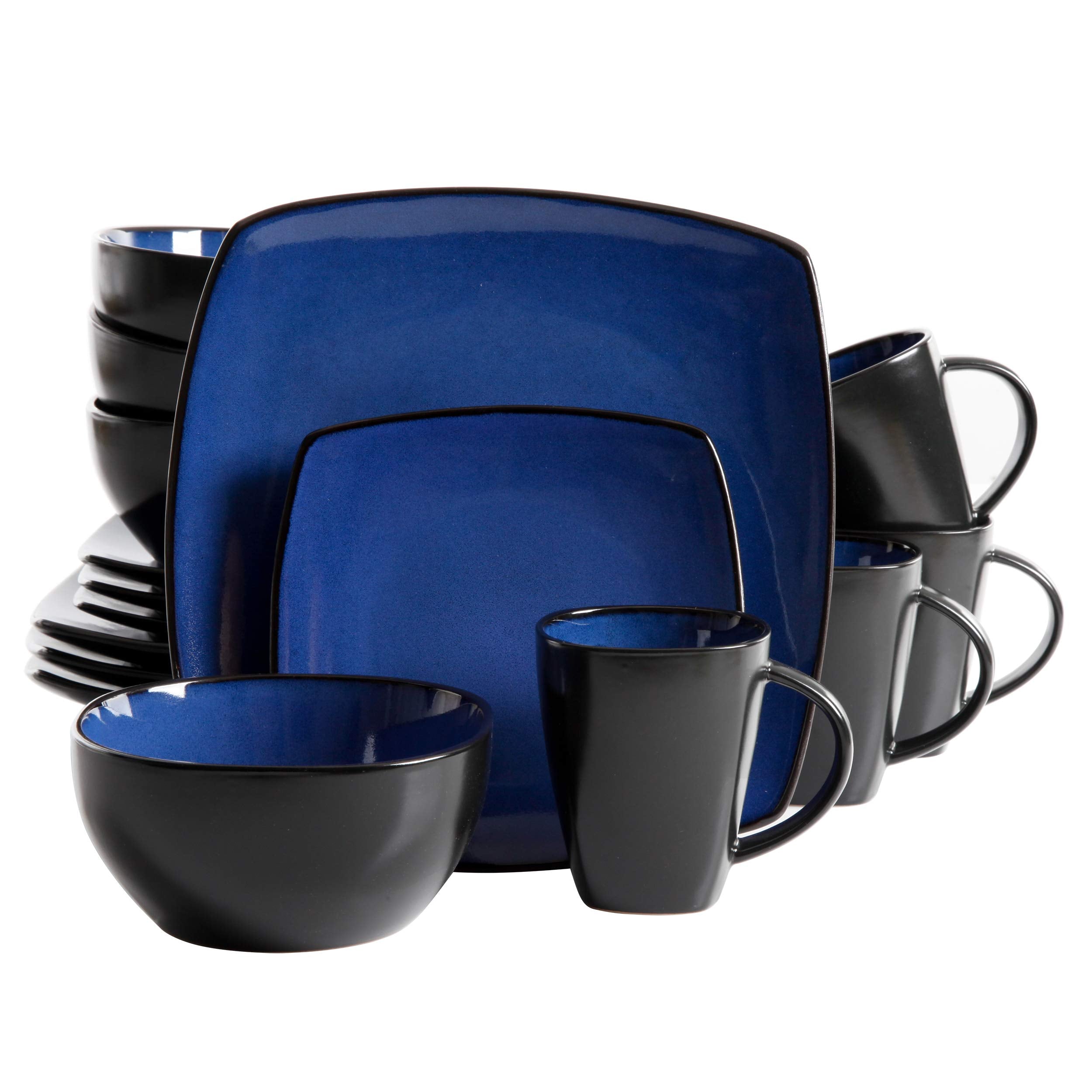 Gibson Elite Soho Lounge Square 16-Piece Dinnerware Set, Service for 4, Reactive Glaze Stoneware Plates and Bowls, Modern Dishes, Microwave & Dishwasher Safe – Red and Black