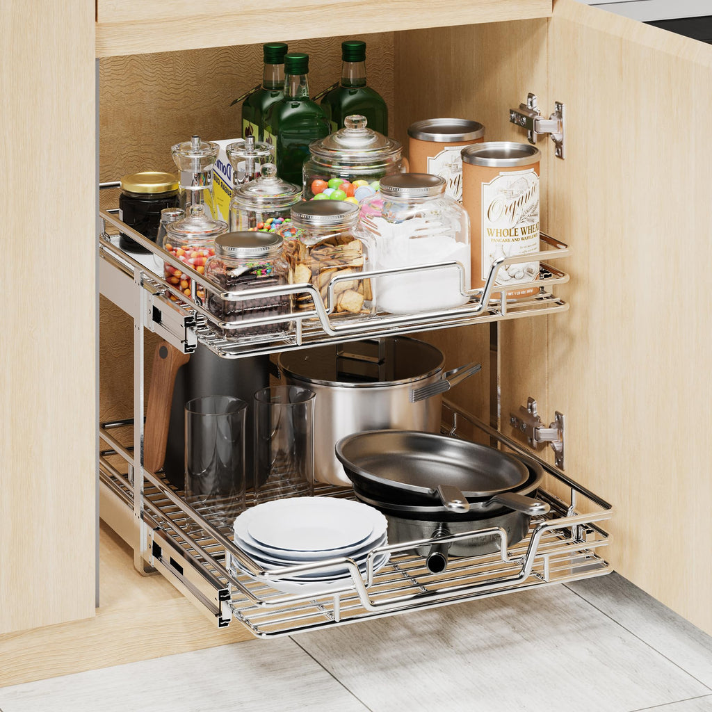 2-Tier Kitchen Cabinet,Pull Out Cabinet Organizer,Shelf and Drawer Organizer Slide Out Pantry Storaqe Basket in Multiple Sizes (12" W x21 D)