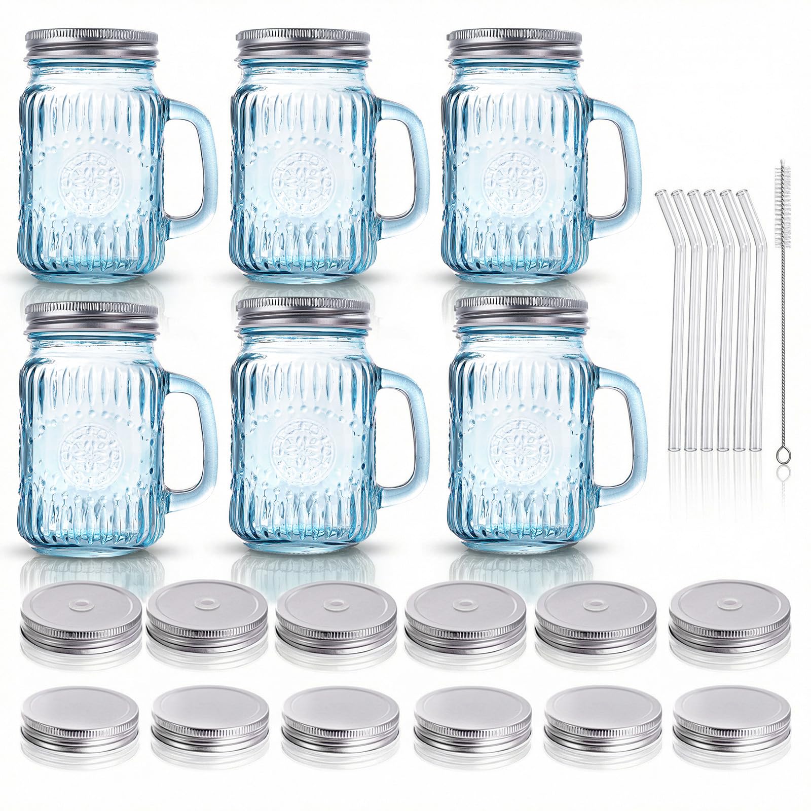 DaYammi Mason Jars with Lids and Straws, 6 Pack 16 Oz Glass Cups for Cold Beverages, Juice, Smoothies, Iced Coffee, Cocktails Leak-Proof Drinking Glasses with Sealed & Straw Lids, Colorful