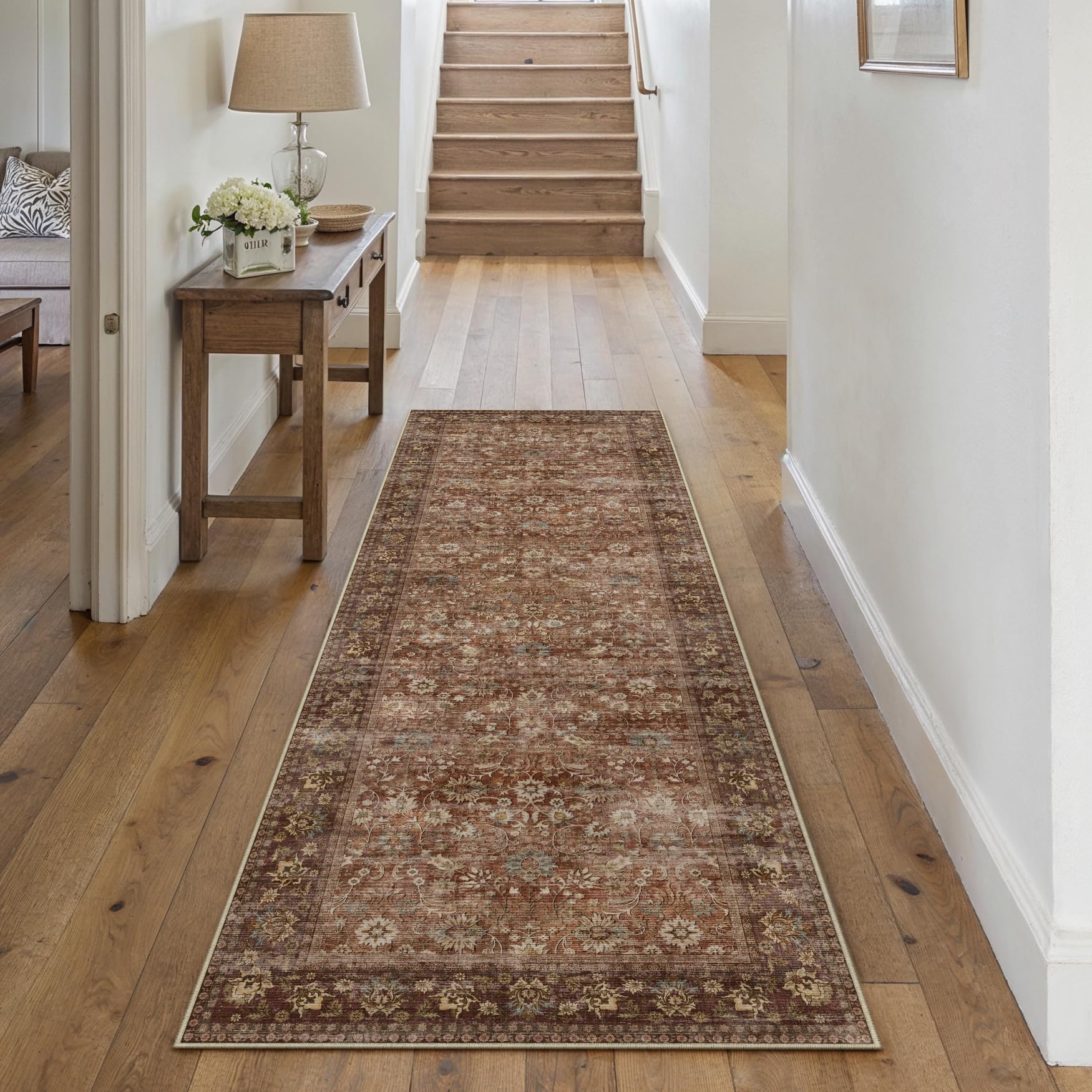 HUGEAR 5x7 Machine Washable Rugs Brown Hallway Area Rug Indoor Accent Rug Floral Low Pile Carpet Soft Throw Aesthetic Rug Bedroom Living Room Office Dining Room Kitchen Laundry Room Non Slip