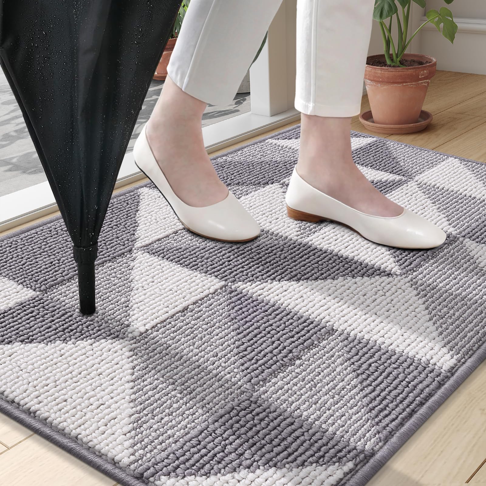 OLANLY Door Mat Indoor Entrance Washable 32x20, Odor-Free Low-Profile Front Back Geometric Doormat, Absorbent Resist Dirt Entry Carpet, Easy to Clean Sturdy Inside Floor Mats for Entryway, Black