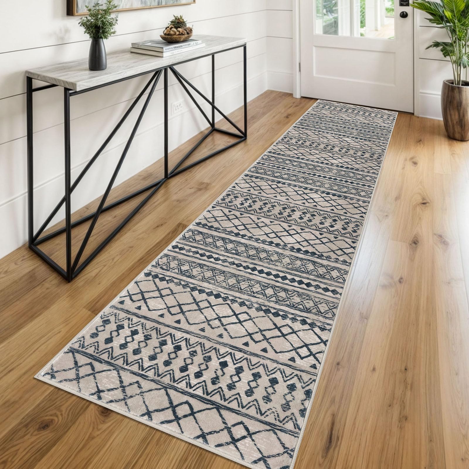 KUTA Washable Non-Slip Rugs for Entryway 2x3, Grey Moroccan Boho Small Area Rug, Ultra Soft Vintage Geometric Low-Pile Indoor Door Mat Floor Carpet for Indoor, Entrance, Kitchen, Bathroom, Bedroom