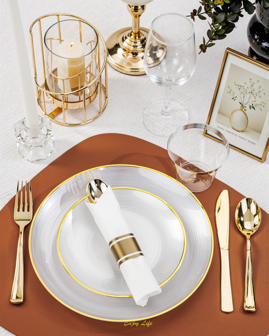 Morejoy 60Pcs Brown Plastic Plates,Brown Disposable Plates With Gold Rim, Gold Party Dinnerware Set Include 30 Dessert plates,30 Dinner plates for Party & Wedding