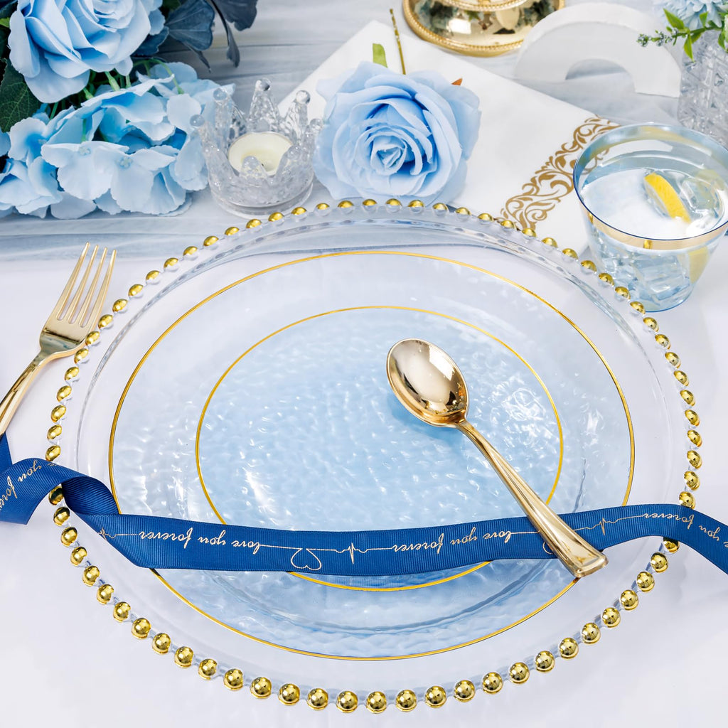 DaYammi 350PCS Clear Gold Plastic Dinnerware Set for 50 Guests, Hammered Disposable Plates for Party, Include: 50 Dinner Plates, 50 Dessert Plates, 150 Gold Silverware, 50 Napkins, 50 Cups