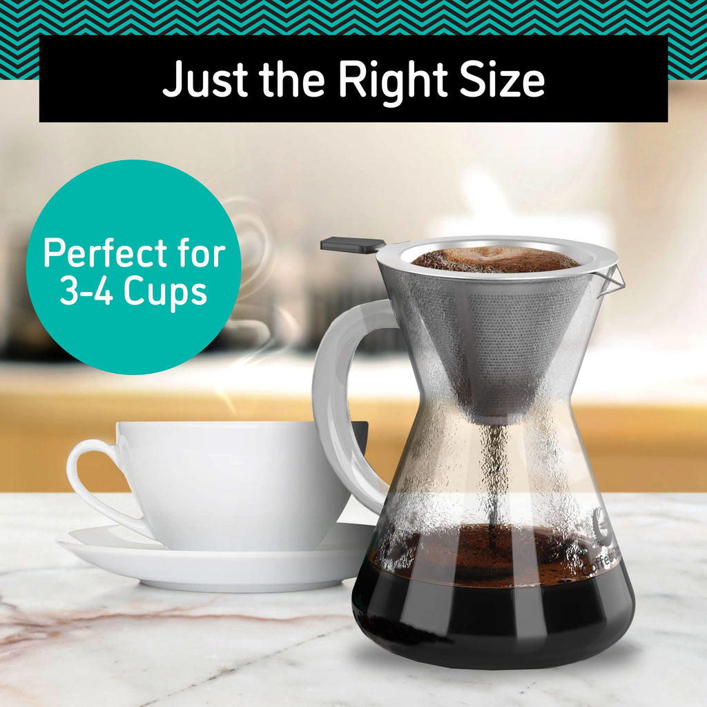 Coffee Gator Pour Over Coffee Maker - 27oz High Heat Borosilicate Glass with Reusable Stainless Steel Filter, Drip Coffee Brewer Dripper Set Carafe, 800ml Clear