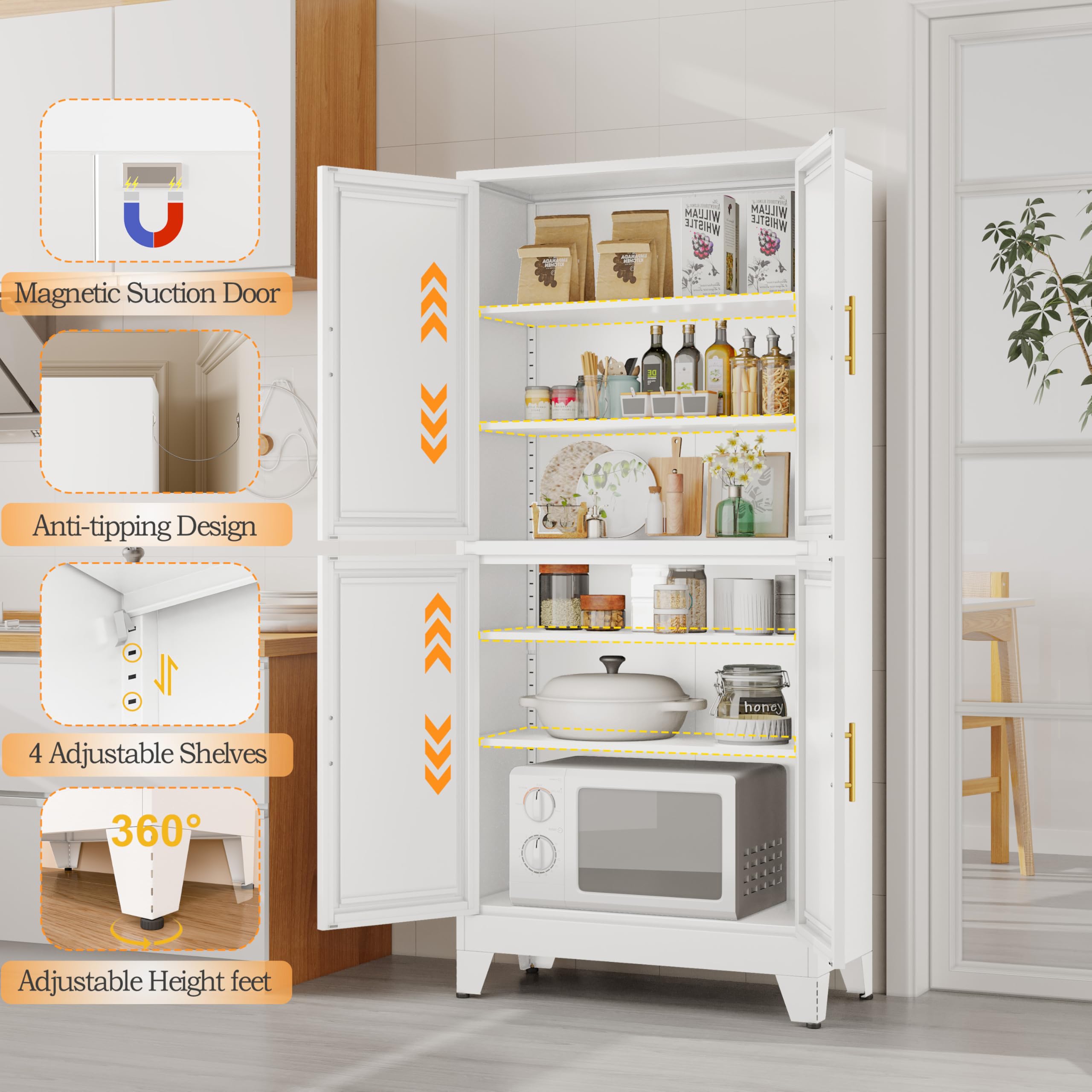 GAIOUS Metal Pantry Cabinet, Kitchen Pantry Storage Cabinets with 2 Door and 3 Adjustable Shelves, White Kitchen Pantry Cabinet, Freestanding Cupboard for Dining Room Living Room Bathroom