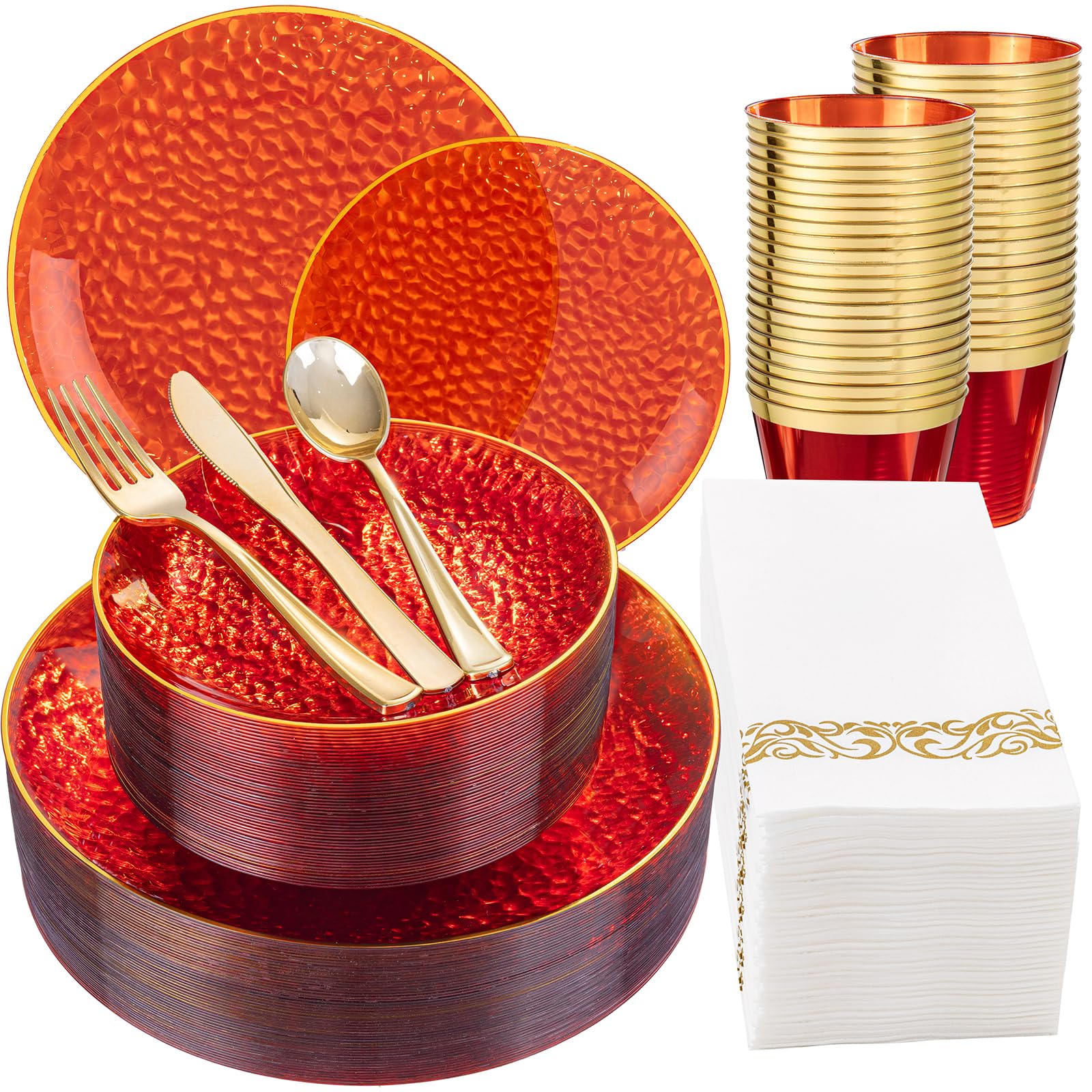 DaYammi 350PCS Clear Gold Plastic Dinnerware Set for 50 Guests, Hammered Disposable Plates for Party, Include: 50 Dinner Plates, 50 Dessert Plates, 150 Gold Silverware, 50 Napkins, 50 Cups
