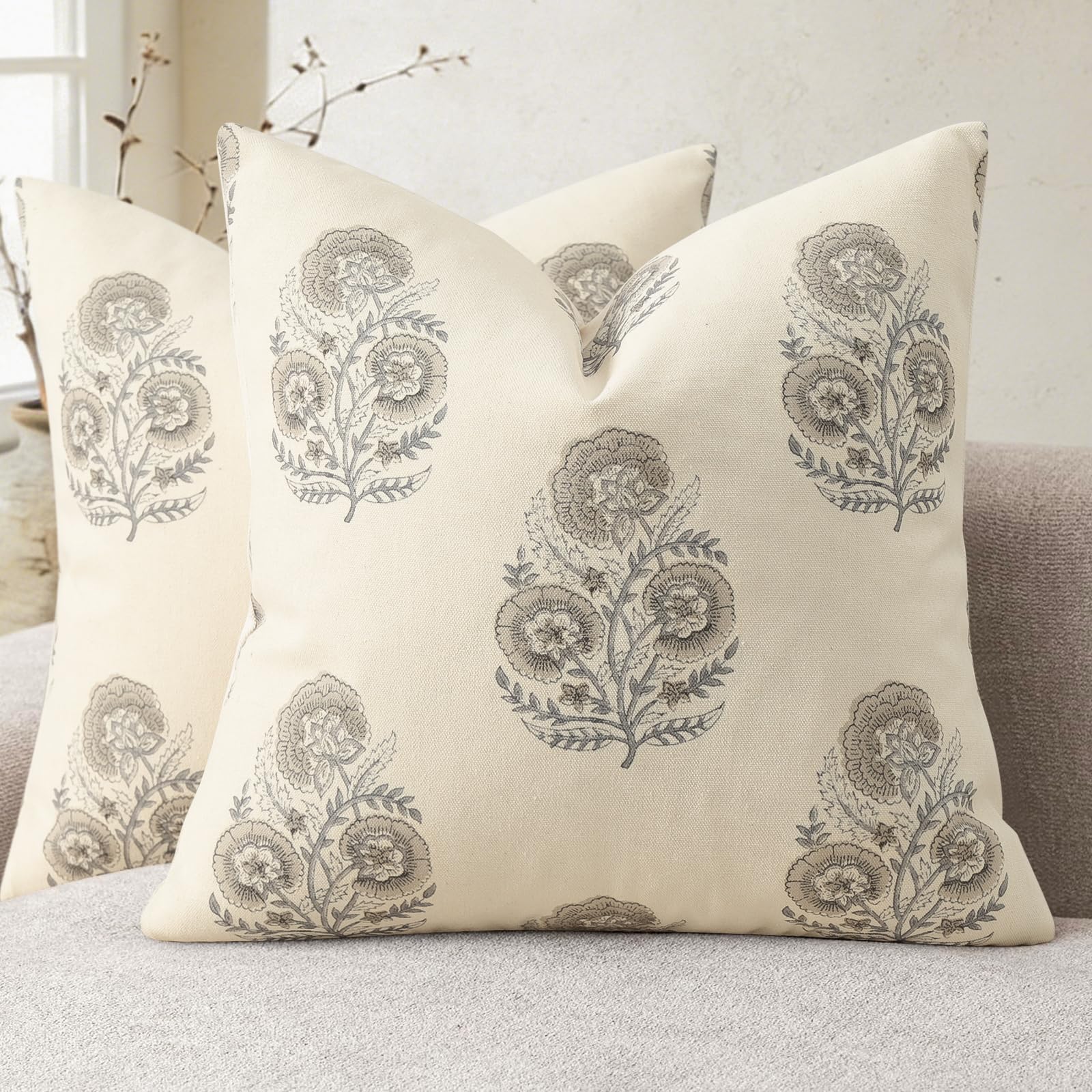 YCOLL Vintage Floral Print Pillow Covers 18x18 Set of 2 Patterned Accent Decorative Cushion Covers Modern Farmhouse Throw Pillow Covers for Sofa Couch Chair Bed Living Room Home Decor, Light Blue