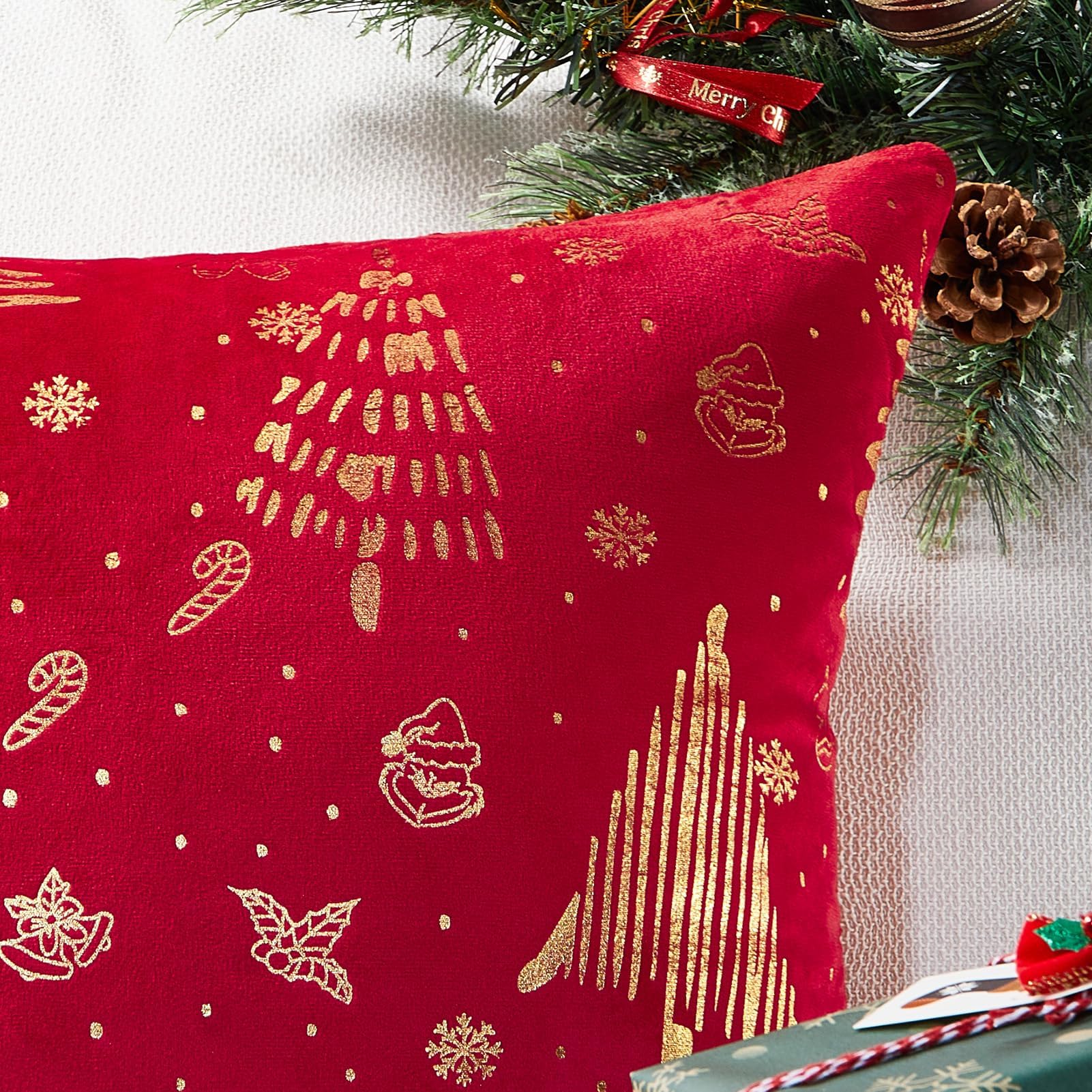 Topfinel Christmas Velvet Throw Pillow Covers Set of 2,Decorative Pillow Cover Red Xmas Gold Stamping Cushion Cases for Bedroom Livingroom Couch Christmas Indoor Home Decor 18x18 Inches