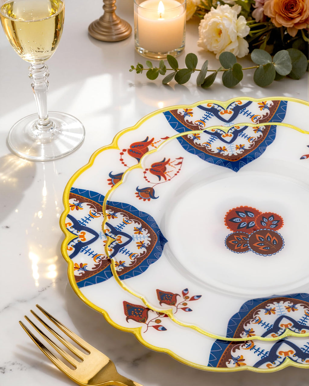 Morejoy 60Pcs Brown Plastic Plates,Brown Disposable Plates With Gold Rim, Gold Party Dinnerware Set Include 30 Dessert plates,30 Dinner plates for Party & Wedding