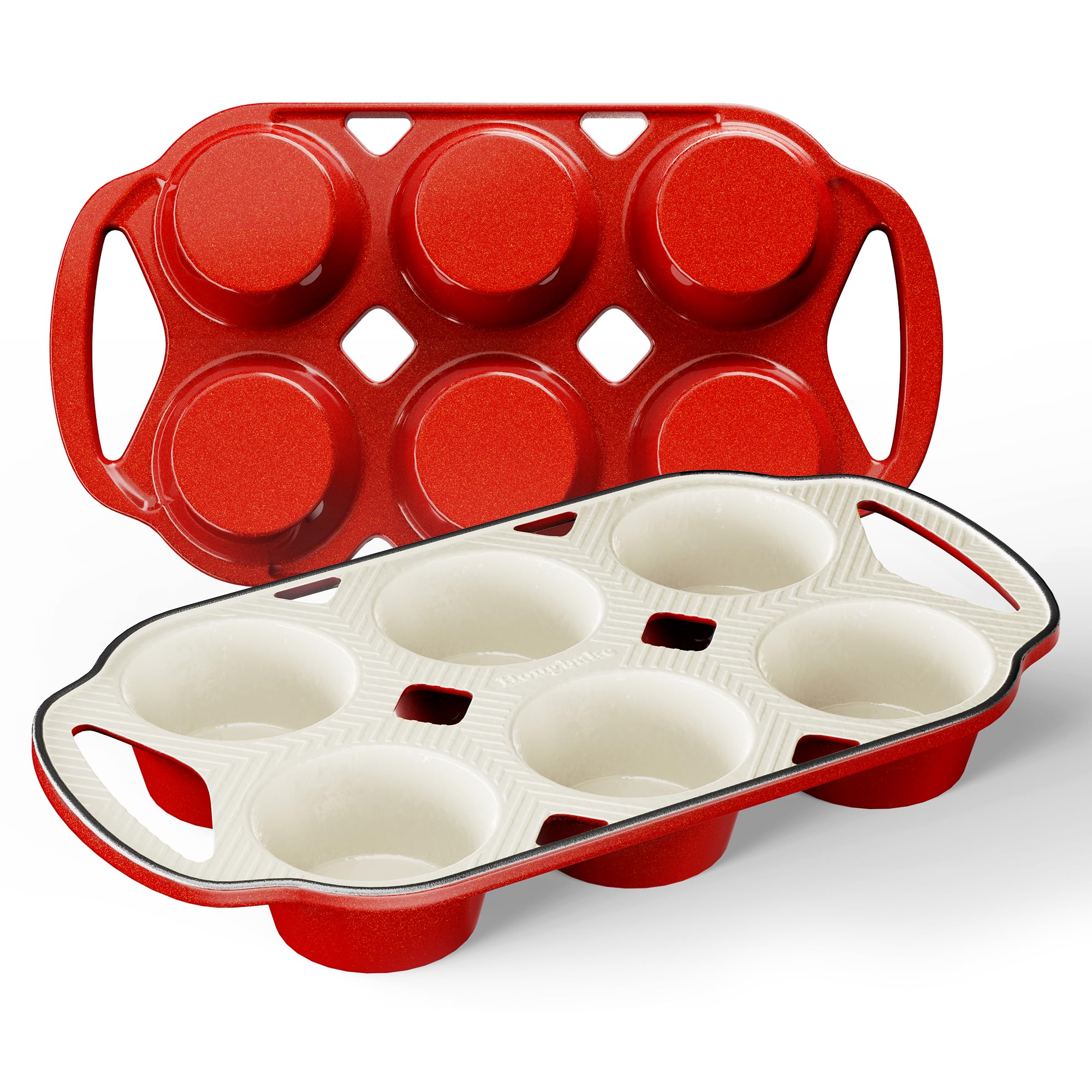 HONGBAKE Everline Collection Enameled Cast Iron Muffin Pan, Non Tocix Naturally Muffin Tin 6, Non Stick Cup Cake Pans for Baking, Oven & Stovetop Safe, Standard Size, 2 Pack, Blue