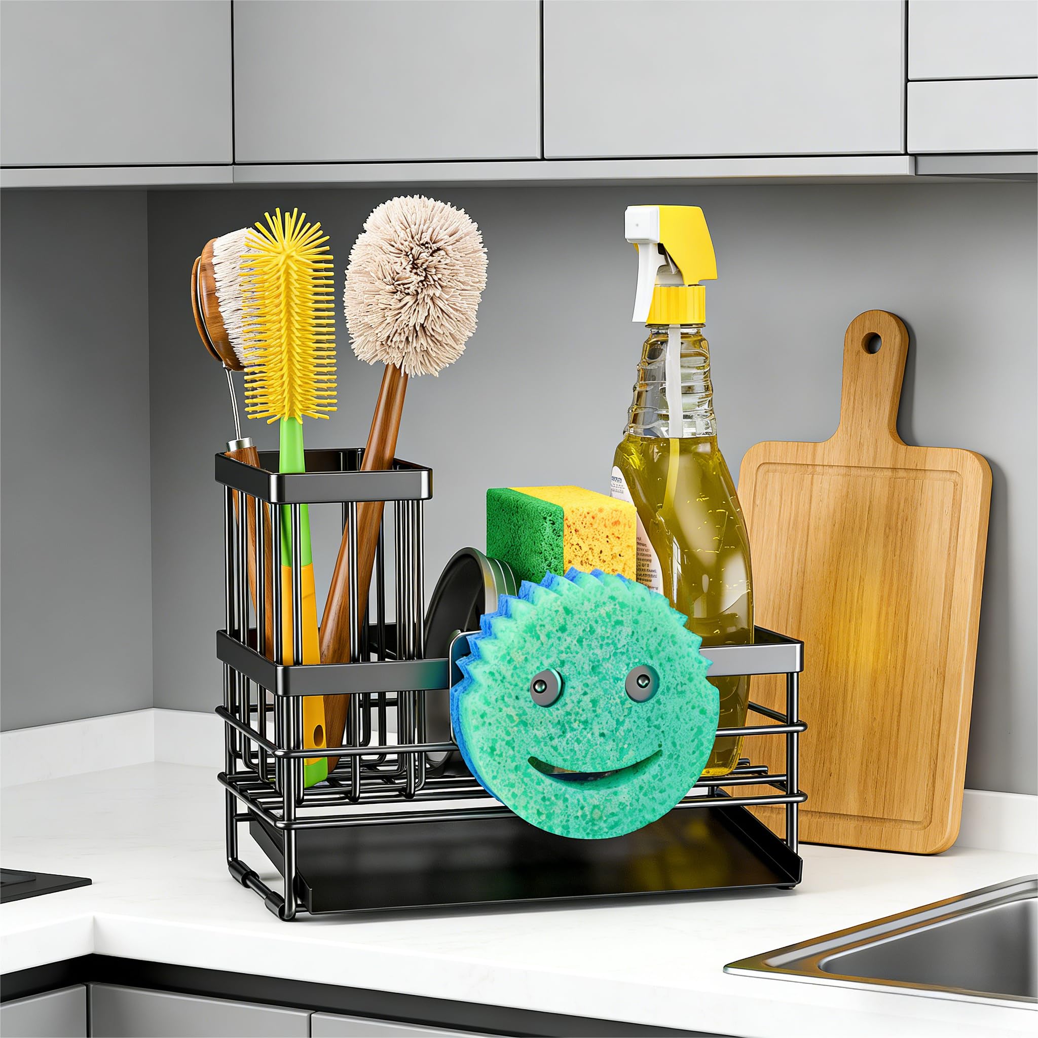 Cisily Sink Caddy Sponge Holder for Kitchen with Brush Holder and Stainless Steel Self Drain Tray, Rustproof Kitchen Sink Organizer for Sponge, Soap Dispenser Storage Accessories (Black)