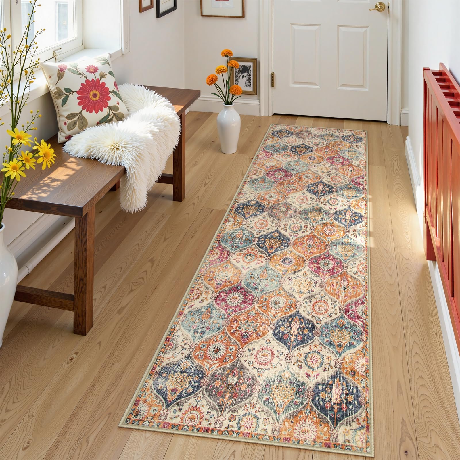 Lahome Moroccan Trellis Washable Rug, 2x3 Kitchen Rugs for Entryway Bathroom, Non-Slip Indoor Door Mat Ultra-Thin, Small Oriental Throw Carpet for Bedroom Entry Elise, Cream/Multi