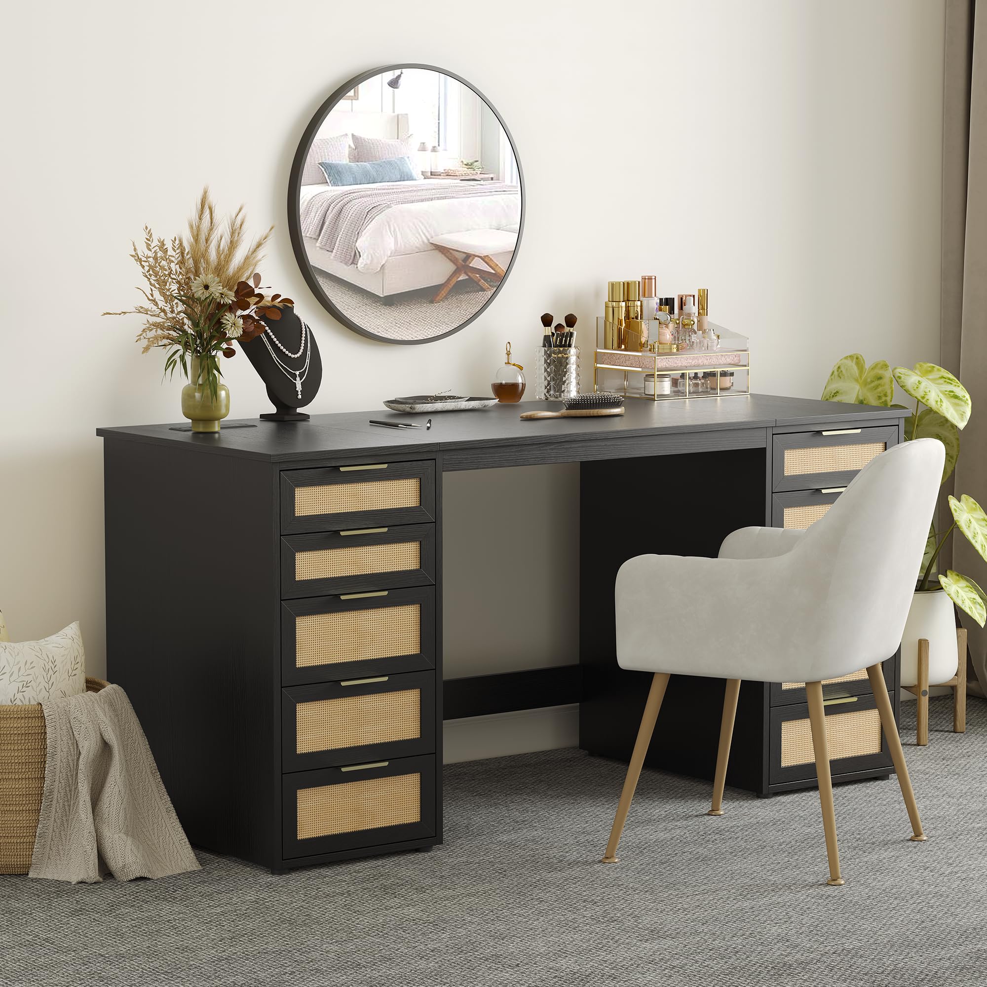 WOPITUES 60" Boho Home Office Desk with 10 Wooden Drawers, Rattan Computer Writing Desk with Power Outlets, Large Executive Desk with Storage Cabinet for Work Study Writing Craft, Black & Brown