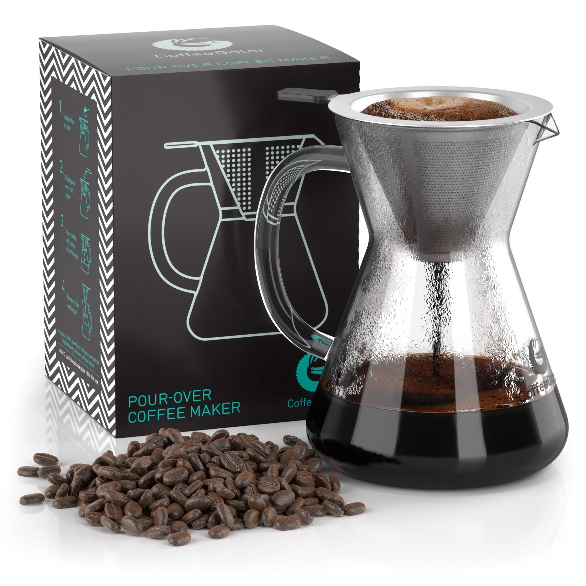 Coffee Gator Pour Over Coffee Maker - 27oz High Heat Borosilicate Glass with Reusable Stainless Steel Filter, Drip Coffee Brewer Dripper Set Carafe, 800ml Clear