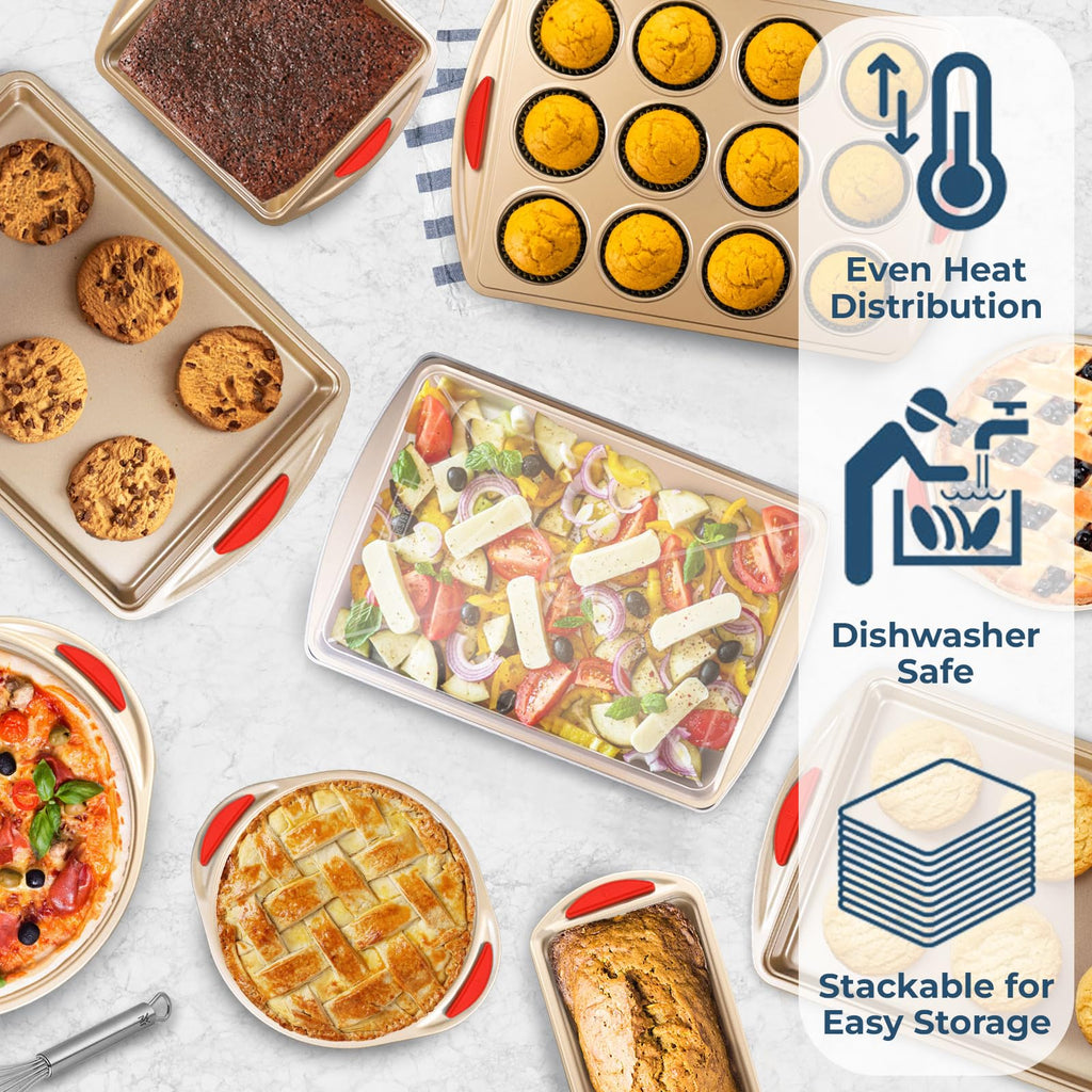 Perlli Baking Kit: Nonstick Gold Steel Oven Set - 10 Pieces, Cookie Sheets, Cake Pans, 9x13Pan with Lid, Loaf & Deep Pans, Pizza Crisper, Muffin Pan - Silicone Handles