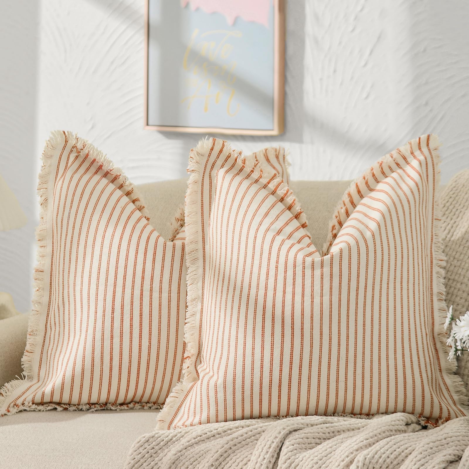 ZWJD Throw Pillow Covers 20x20 Set of 2 Striped Pillow Covers with Fringe Chic Cotton Decorative Pillows Square Cushion Covers for Sofa Couch Bed Living Room Farmhouse Decor, (Gray)