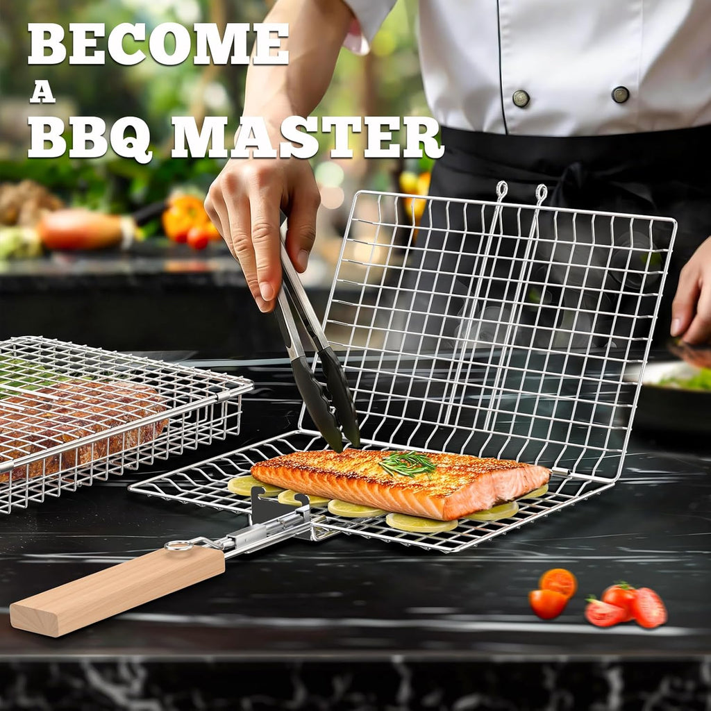 ivtivfu Fish Grill Basket Set, Removable Wooden Handle, 304 Stainless Steel, Nesting BBQ Tools, Smoker Grilling Accessories for Vegetable, Outdoor Cooking Camping, Birthday Gifts for Men Dad Husband
