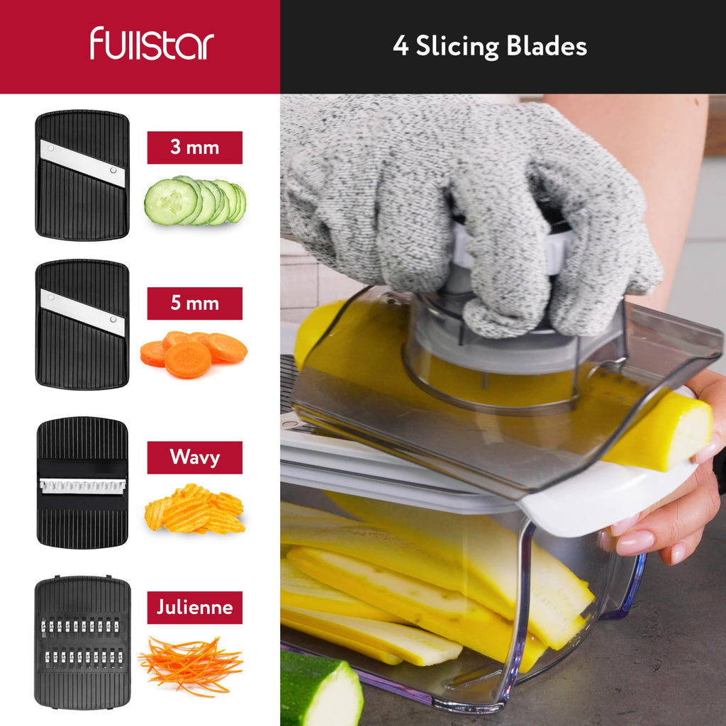 Fullstar Mandoline Slicer for Kitchen, Fruit Cutter, Cheese Grater, Cucumber Slicer, Veggie Spiralizer, Food Cutter & Kitchen Gadgets & Gifts with Safety Glove (6 in 1, White)