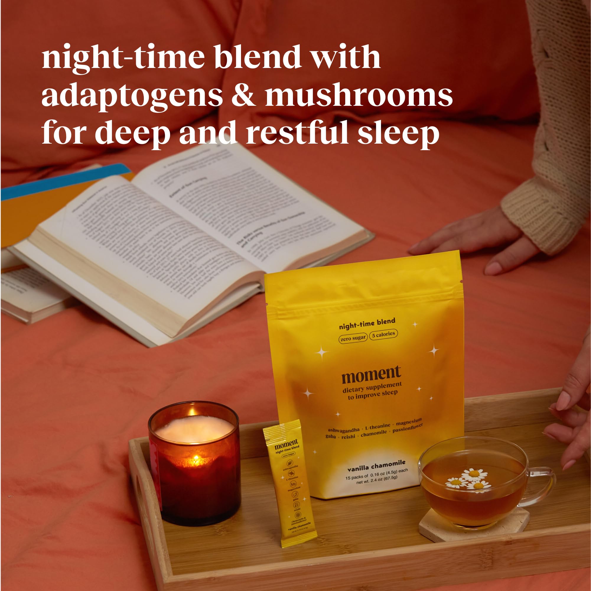 Moment Sleep Tea (Shark Tank) | Vanilla Chamomile | Melatonin Alternative | 0 Sugar | Low Calorie | 0 Caffeine | Mushroom Drink | Adaptogens, Reishi, GABA, Magnesium, Chamomile | Keto | 15 Servings