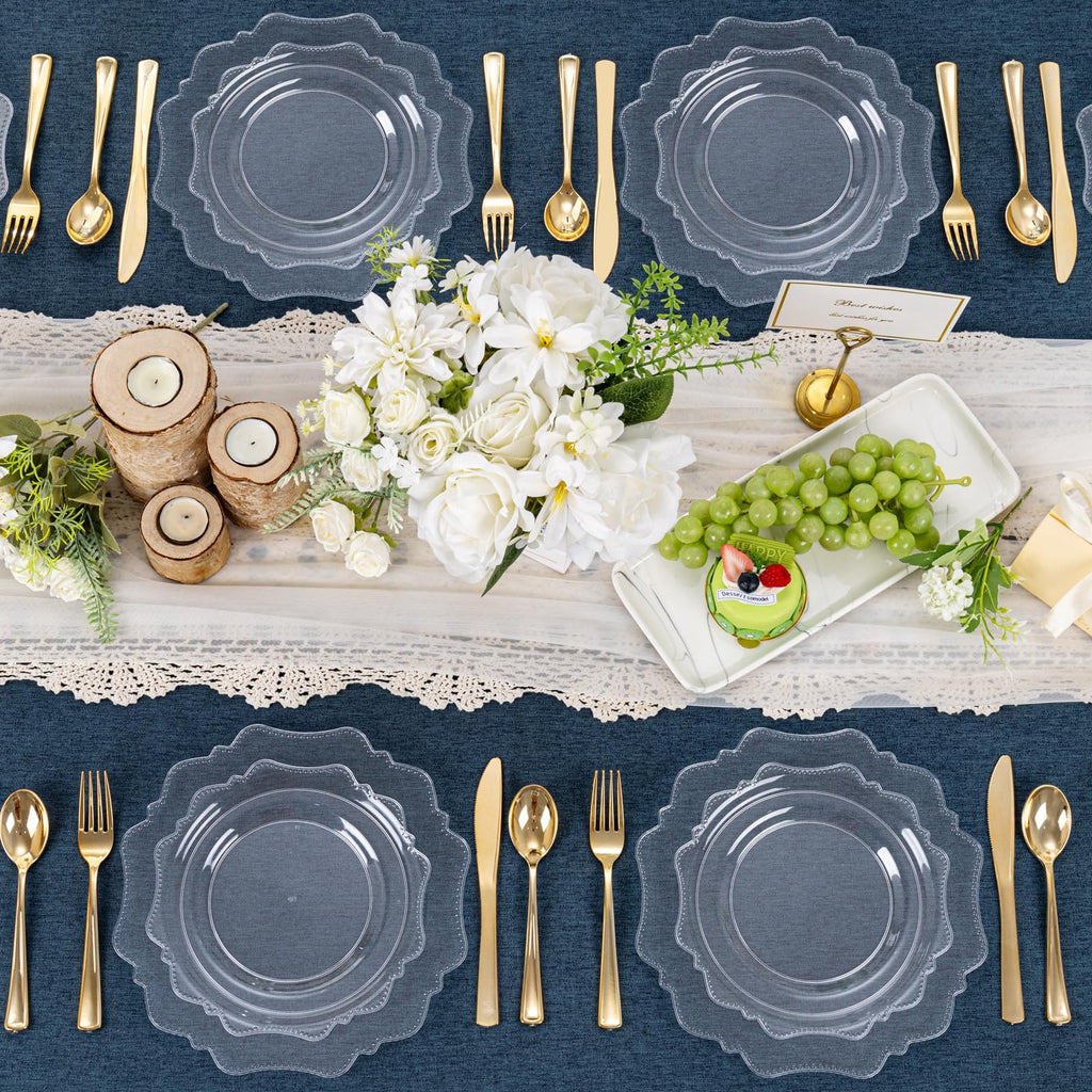 COLOSUS 60PCS White Plastic Plates for 30 guests-Fancy Plastic Beaded Plates,Plastic Plates for Party, Elegant White plates,Include 30 PCS 10.5" Dinner plates & 30PCS 8.25" Dessert plates for easter