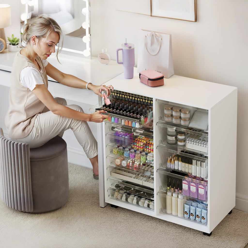 WOPITUES Storage Drawer Cart, Mobile Storage Cabinet, Makeup Storage with 10 Large Clear Drawers, Utility Wooden Rolling Cart on Wheels, for Cosmetic, Art Craft, Office Supplies, Toy, White