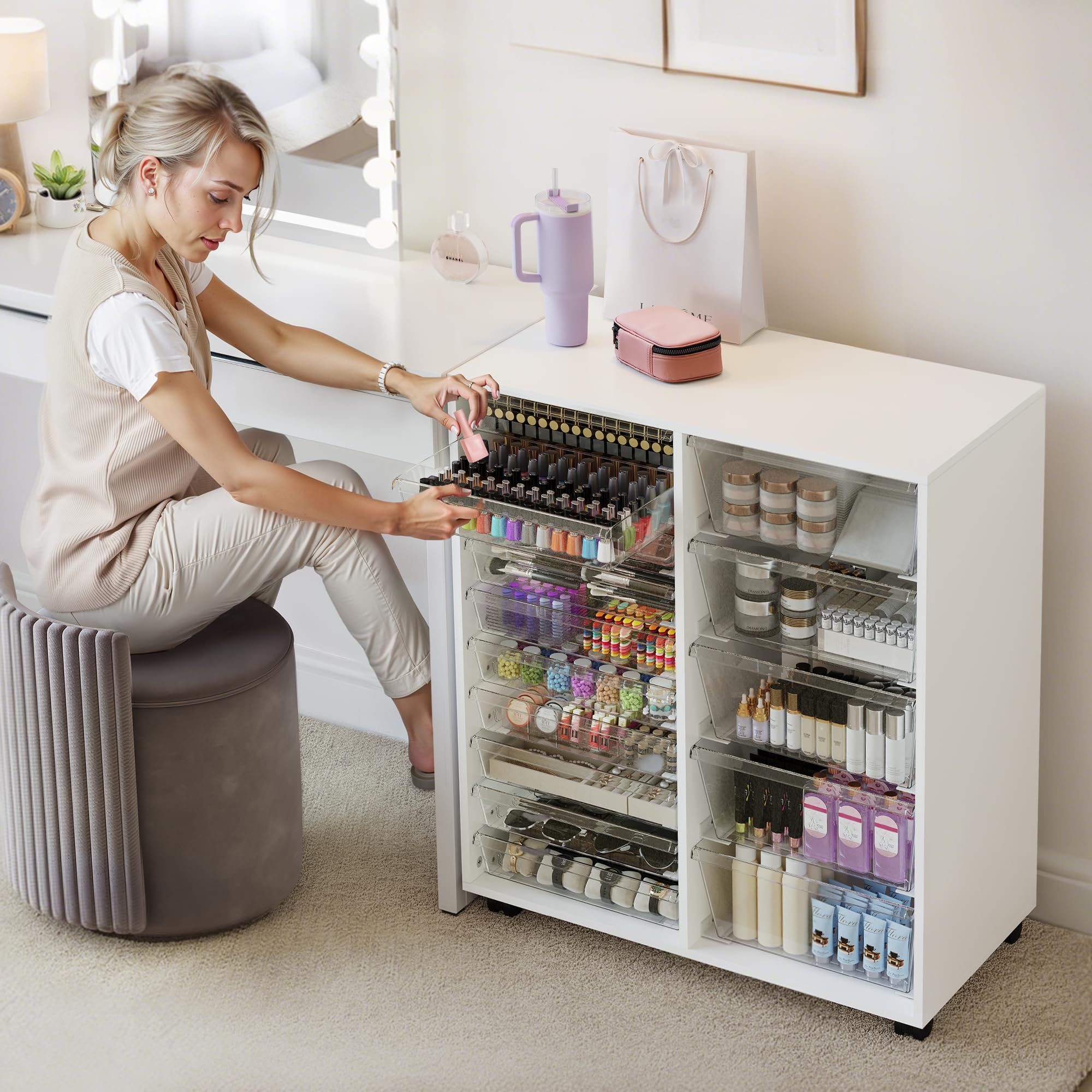 WOPITUES Storage Drawer Cart, Mobile Storage Cabinet, Makeup Storage with 10 Large Clear Drawers, Utility Wooden Rolling Cart on Wheels, for Cosmetic, Art Craft, Office Supplies, Toy, White