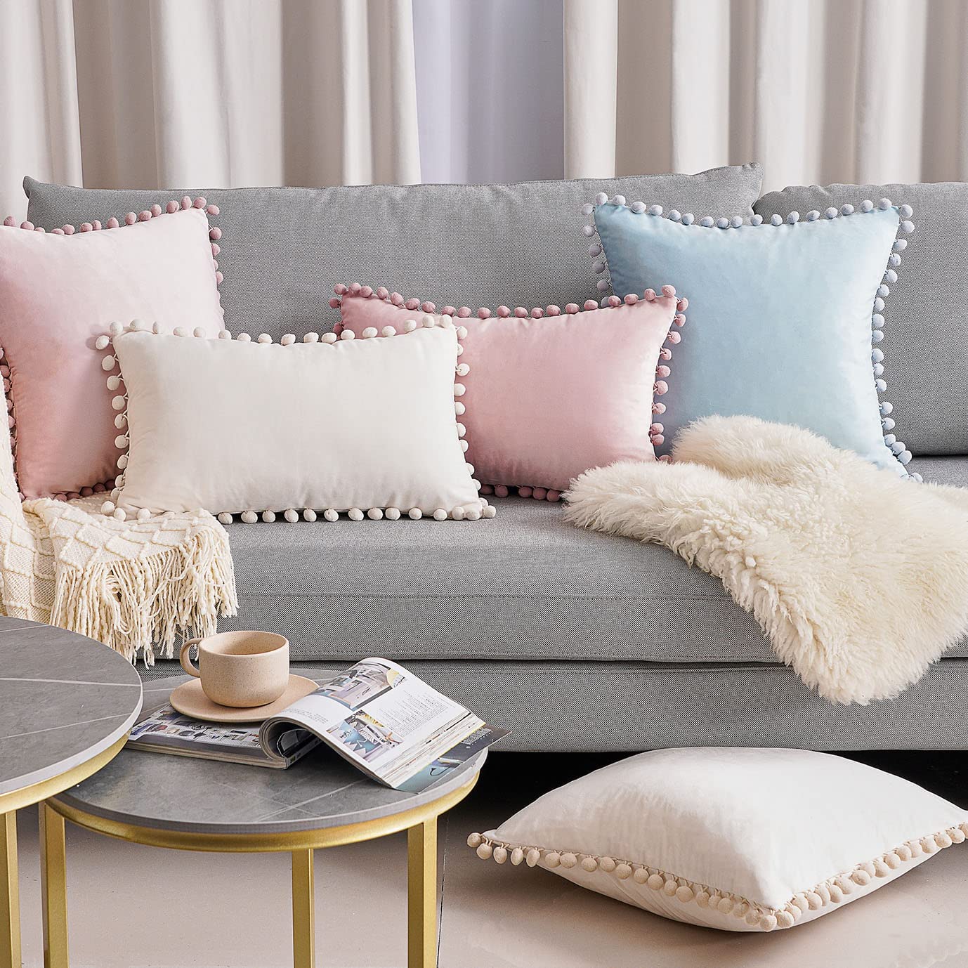 Top Finel Blush Pink Throw Pillow Covers 18x18 Inches for Couch Aesthetic Decorative Sofa Pillow Covers Set of 2 Soft Velvet Cushion Cover Pillow Cases with Pom-poms for Bedroom Livingroom Office Car