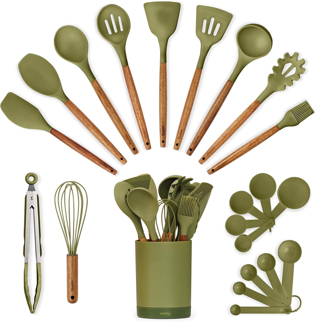 SMIRLY Green Bundle: 22 pcs Acacia Handle Silicone Cooking Utensil Set + Plastic Cutting Board