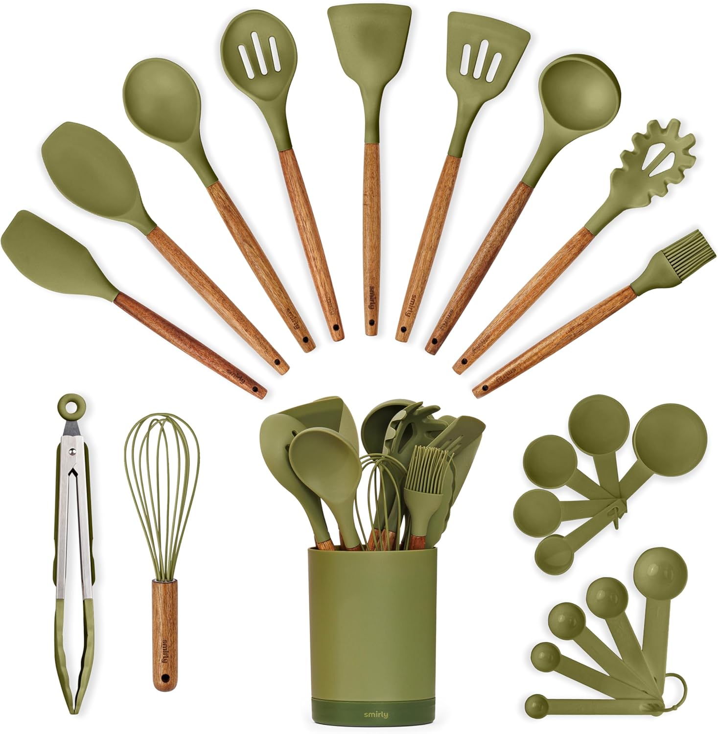 SMIRLY Green Bundle: 22 pcs Acacia Handle Silicone Cooking Utensil Set + Plastic Cutting Board
