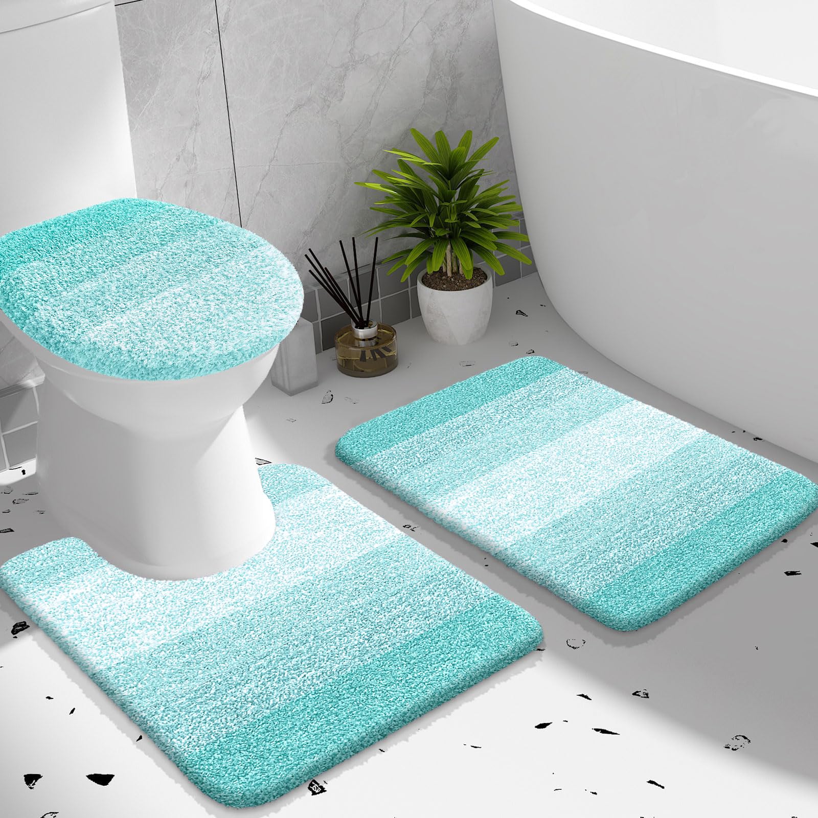 OLANLY Bathroom Rugs Sets 3 piece, Soft Microfiber Absorbent Bath Mat, U-Shaped Contour Toilet Mat and Toilet Lid Cover, Quick Dry, Machine Washable, Toilet Cover and Rug Set for Bathroom, Grey