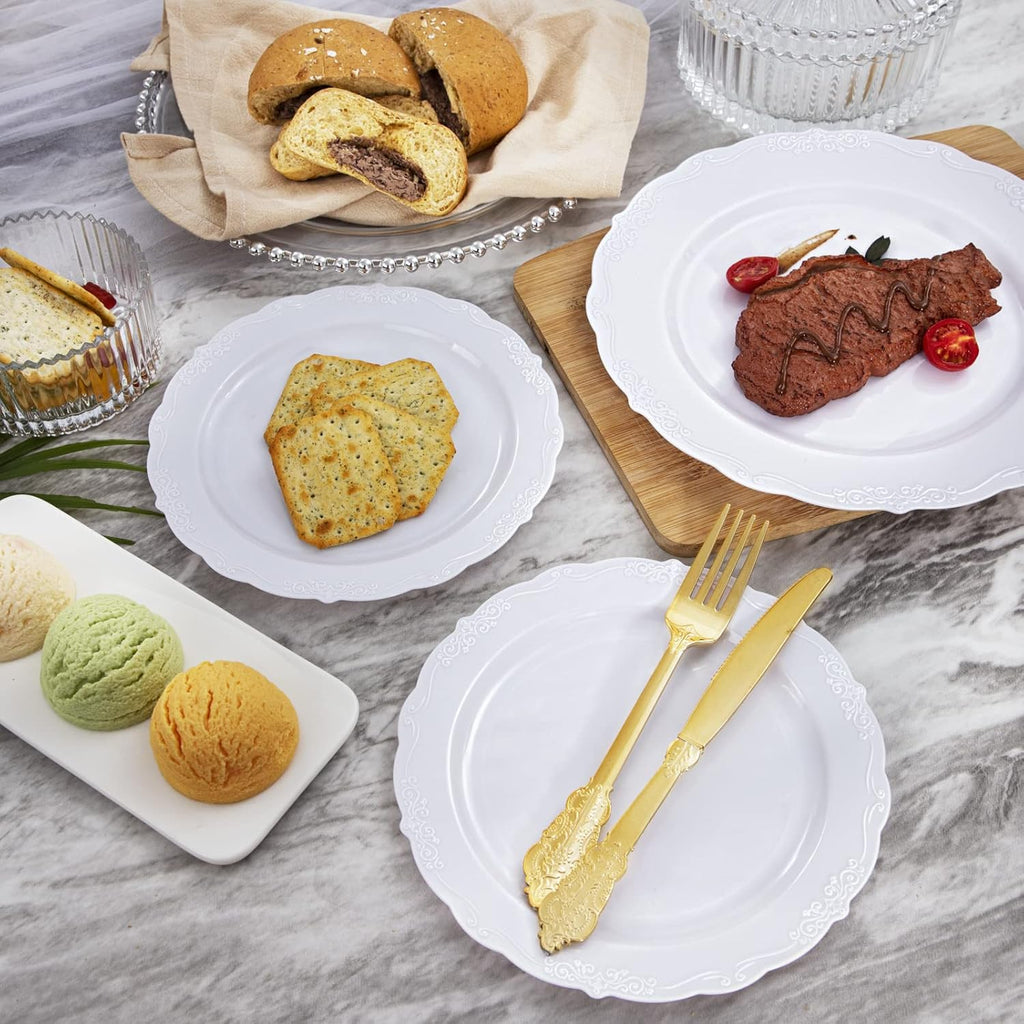 DaYammi 120PCS White Plastic Plates Heavy Duty White Disposable Plates Premium 10.25inch White Dinner Plates and 7.5inch White Dessert Plates