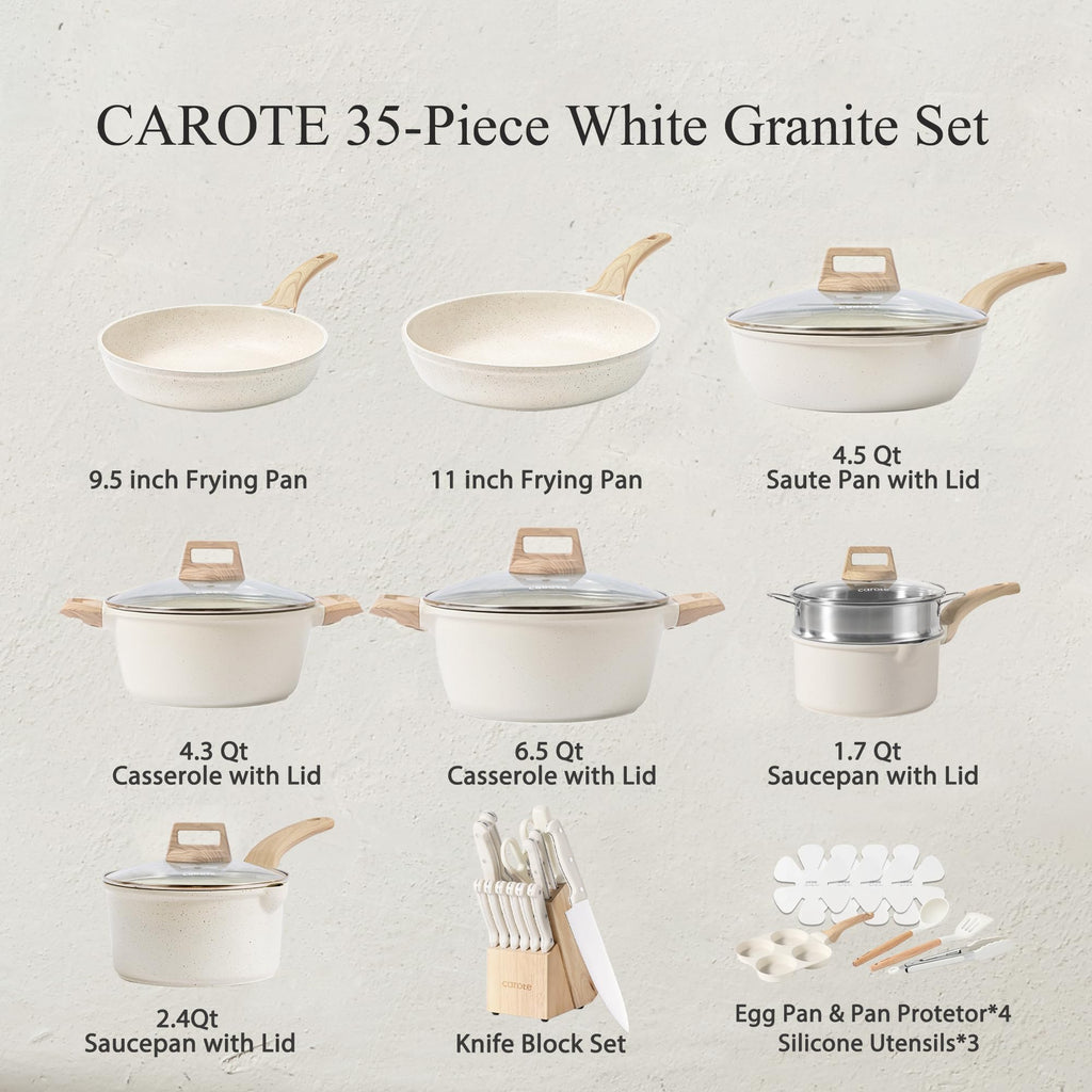 CAROTE 21Pcs Pots and Pans Set, Nonstick Cookware Sets, White Granite Induction Cookware Non Stick Cooking Set w/Frying Pans & Saucepans(PFOS, PFOA Free)