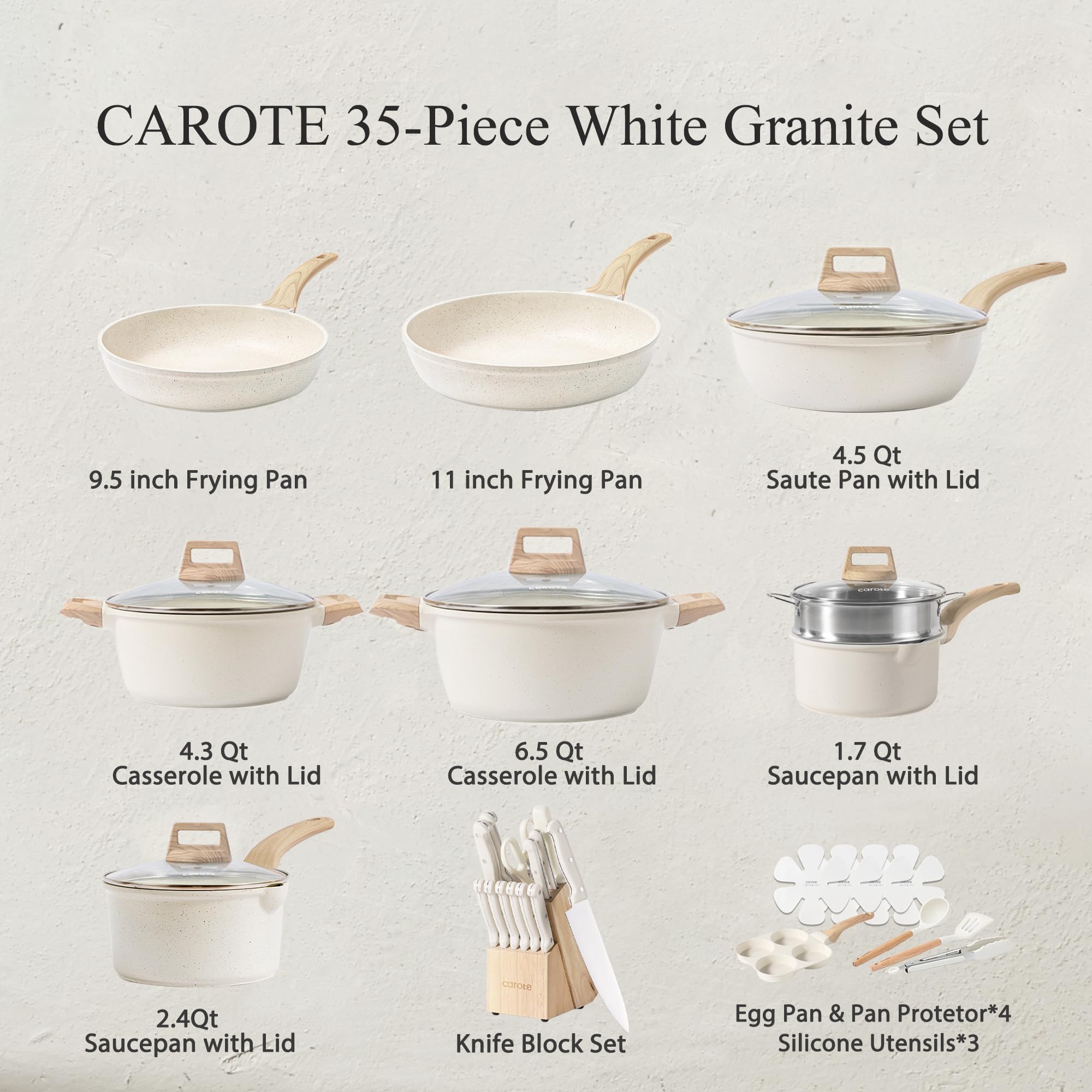 CAROTE 21Pcs Pots and Pans Set, Nonstick Cookware Sets, White Granite Induction Cookware Non Stick Cooking Set w/Frying Pans & Saucepans(PFOS, PFOA Free)