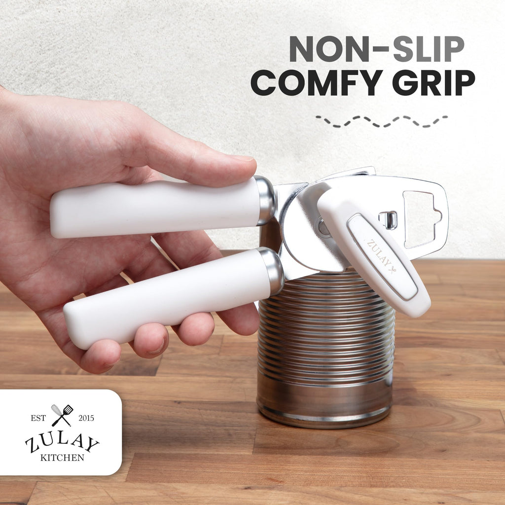 Zulay Kitchen COMFY™ Can Opener Manual with Bottle Opener - Rust Proof Stainless Steel Manual Can Opener With Turn Knob & Comfy Soft Grip Handles - Black
