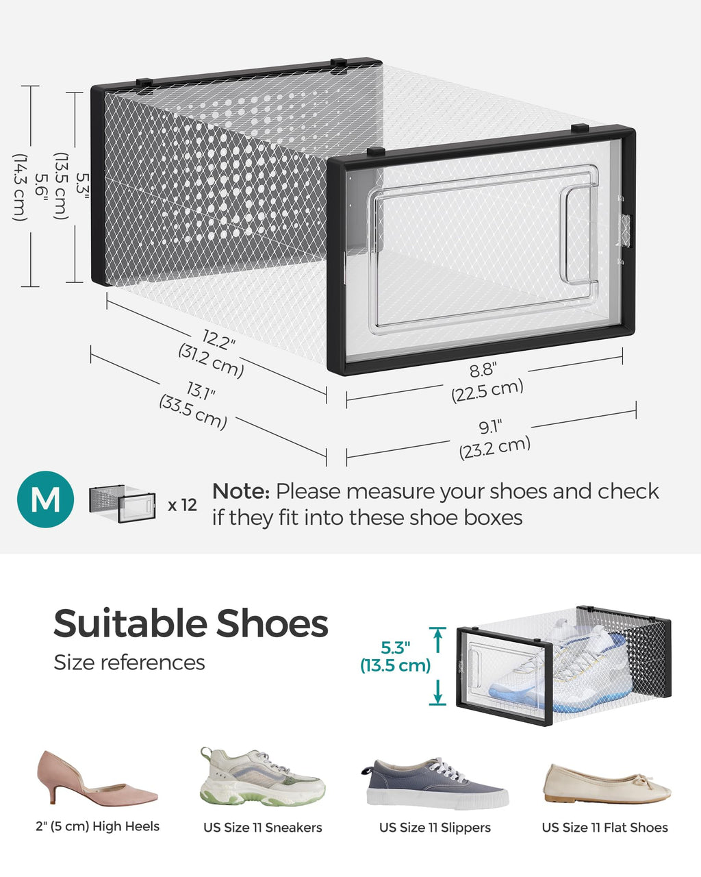 SONGMICS Shoe Boxes, Pack of 12 Shoe Storage Organizers, Stackable Clear Plastic Boxes for Closet, Sneakers, 13.1 x 9.1 x 5.6 Inches, Transparent and White ULSP12SWT