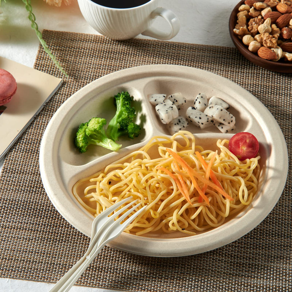 Vplus 200 Pack Paper Plates 7 inch 100% Compostable, Heavy-Duty Disposable Paper Plates Bagasse Natural Biodegradable Eco-Friendly Sugarcane