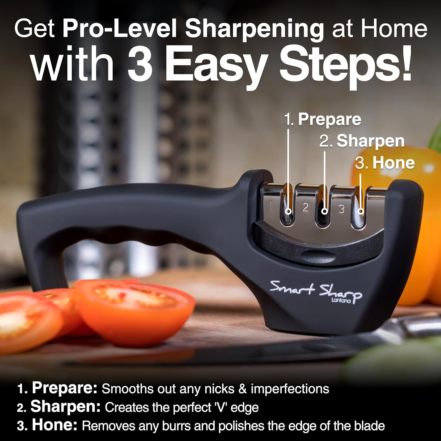 Lantana Knife Sharpener 'Smart Sharp' - Professional 3 Stage Manual Sharpener for Sharpening Kitchen Knives - Ceramic Stone, Tungsten Carbide Plates, Diamond rods. Ergonomic Design, Black/Chrome