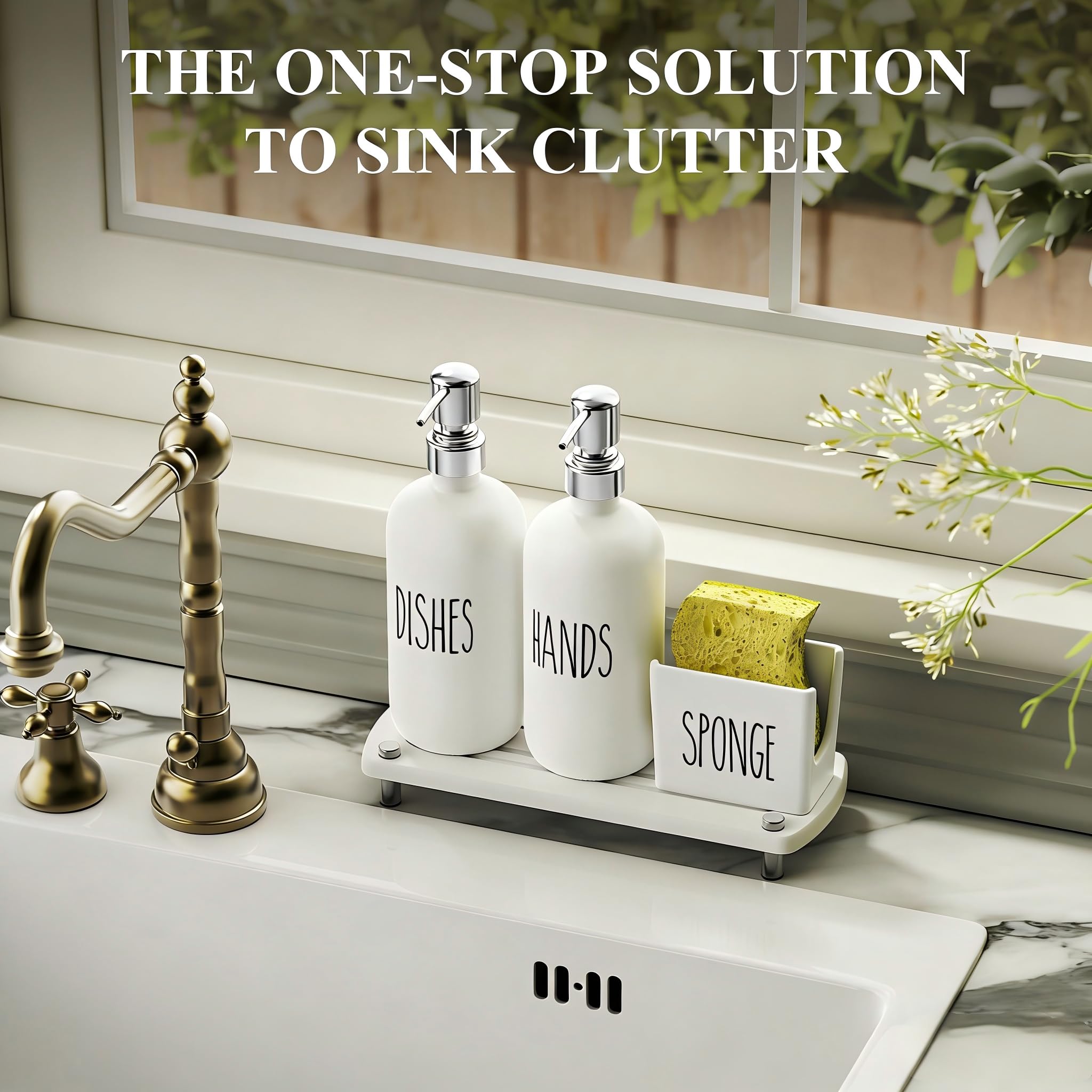 Cisily Kitchen Soap Dispenser Set Comes with Ceramics Sponge Holder, Gold Pumps, and Instant Dry Tray, Hand and Dish Soap Dispenser Set (4, Gold + White + Sponge Holder)