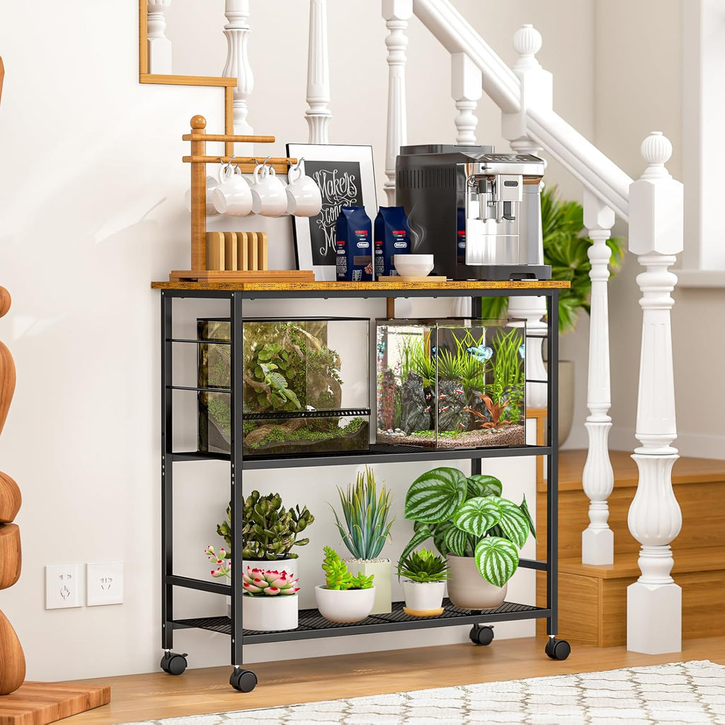 ThreeHio 20 Gallon Fish Tank Stand, 3 Tier Aquarium Stand with Adjustable Shelf, 33.11" L* 15.75" W Tabletop, Heavy Duty Terrarium Stand with Lockable Wheels, Rolling Storage Cart Shelf Rack Organizer for Kitchen, Living Room, Office, Balcony