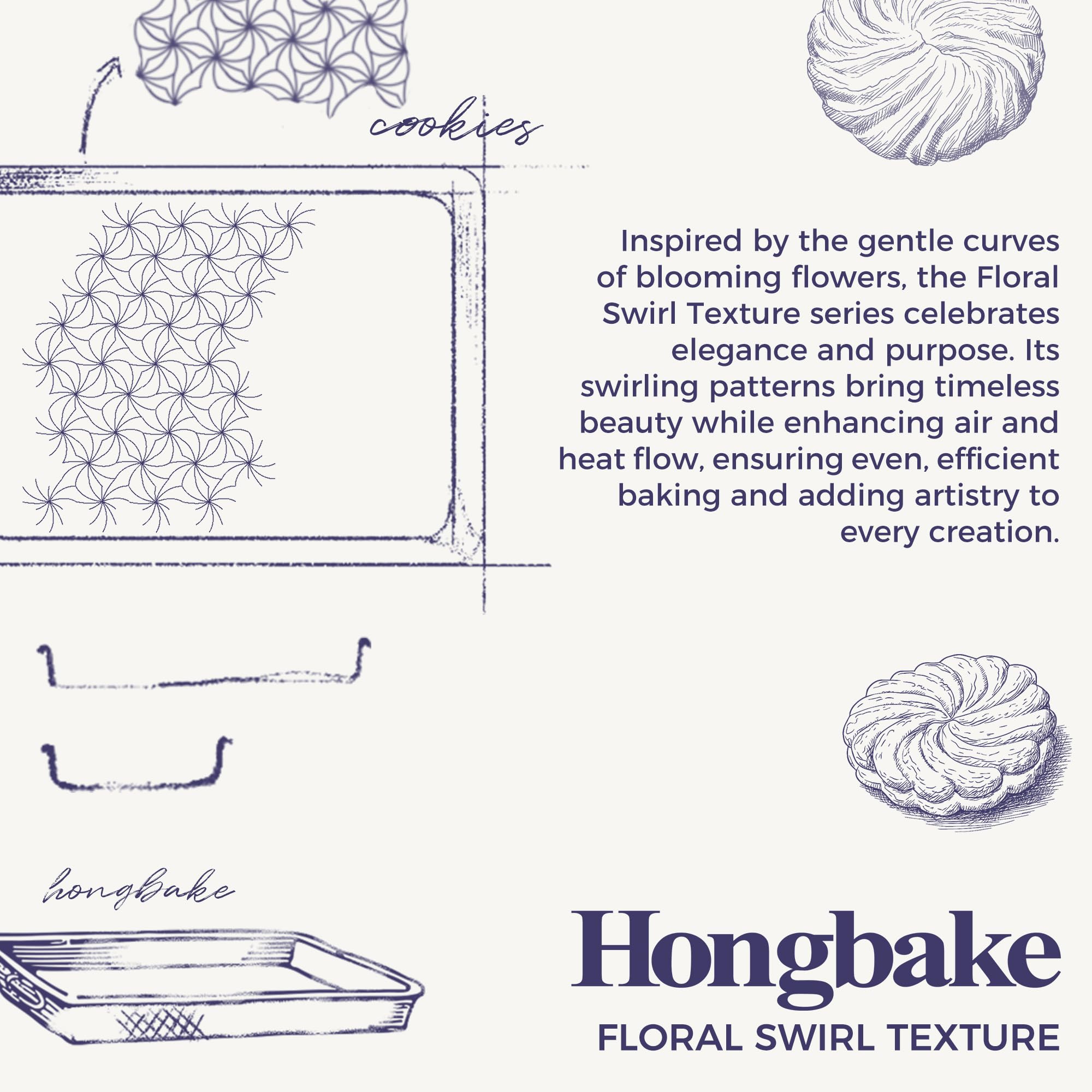 HONGBAKE Nonstick Baking Sheet Pan Set of 3, Cookie Sheets for Oven, Non-Toxic Half/Quarter/Jelly Roll Pans with Floral Swirl Texture, Heavy Duty 0.8mm Thick Oven Trays for Cooking, Dark Gray