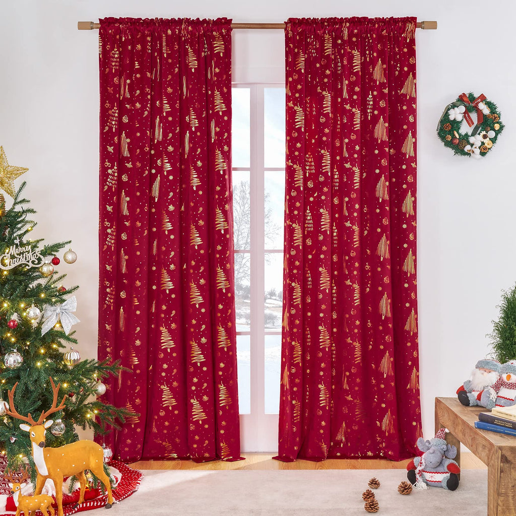 96 inches Long Red christmas curtains velvet for Living Room, Printed with Grinch & Tree Pattern Thermal Insulated Blackout Curtains drapes for winter 96 inch length 2 Panels Set cortinas navideas
