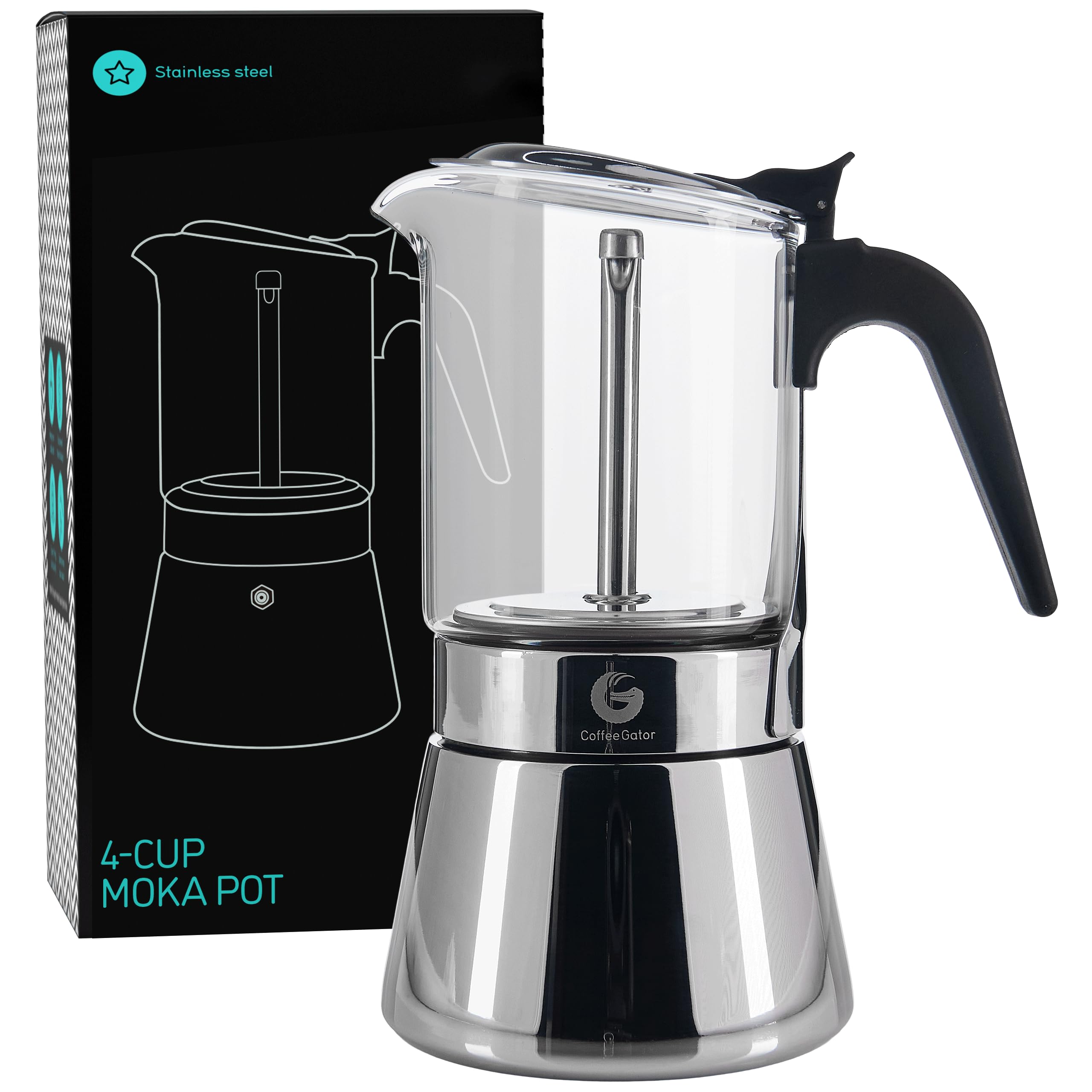 Coffee Gator Moka Pot - 6 Cup, 12oz Stovetop Espresso Maker - Classic Italian and Cuban Coffee Percolator w/ 2 Stainless-Steel Cups – Matte Grey Aluminum, 360ml