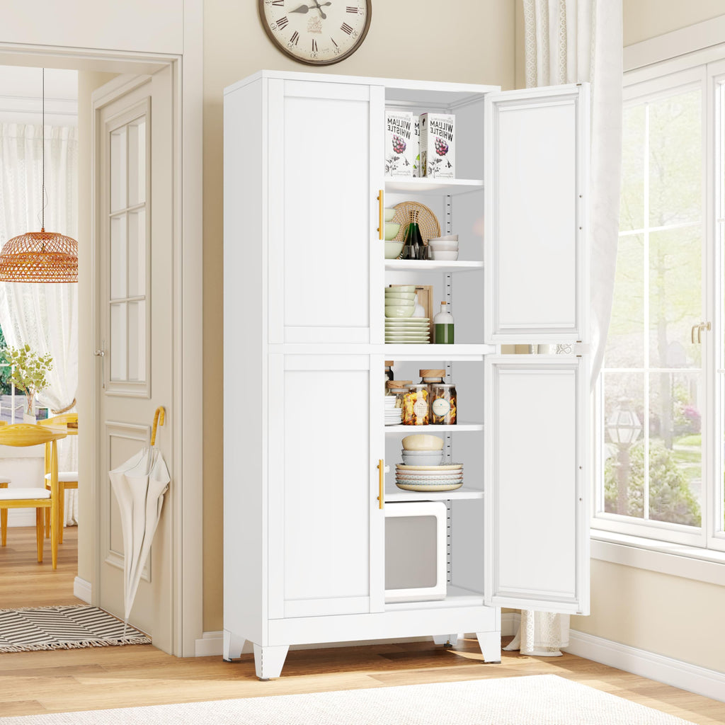 GAIOUS Metal Pantry Cabinet, Kitchen Pantry Storage Cabinets with 2 Door and 3 Adjustable Shelves, White Kitchen Pantry Cabinet, Freestanding Cupboard for Dining Room Living Room Bathroom
